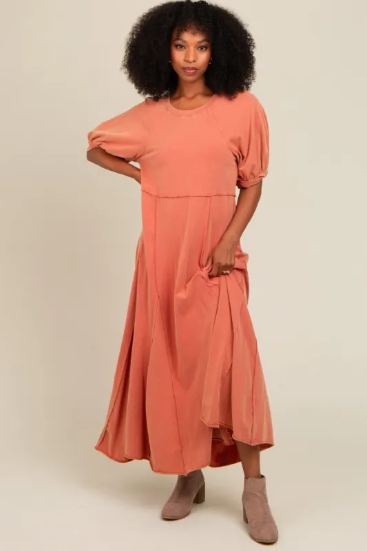Rust Vintage Wash Puff Sleeve Maxi Dress sold by Pinkblush