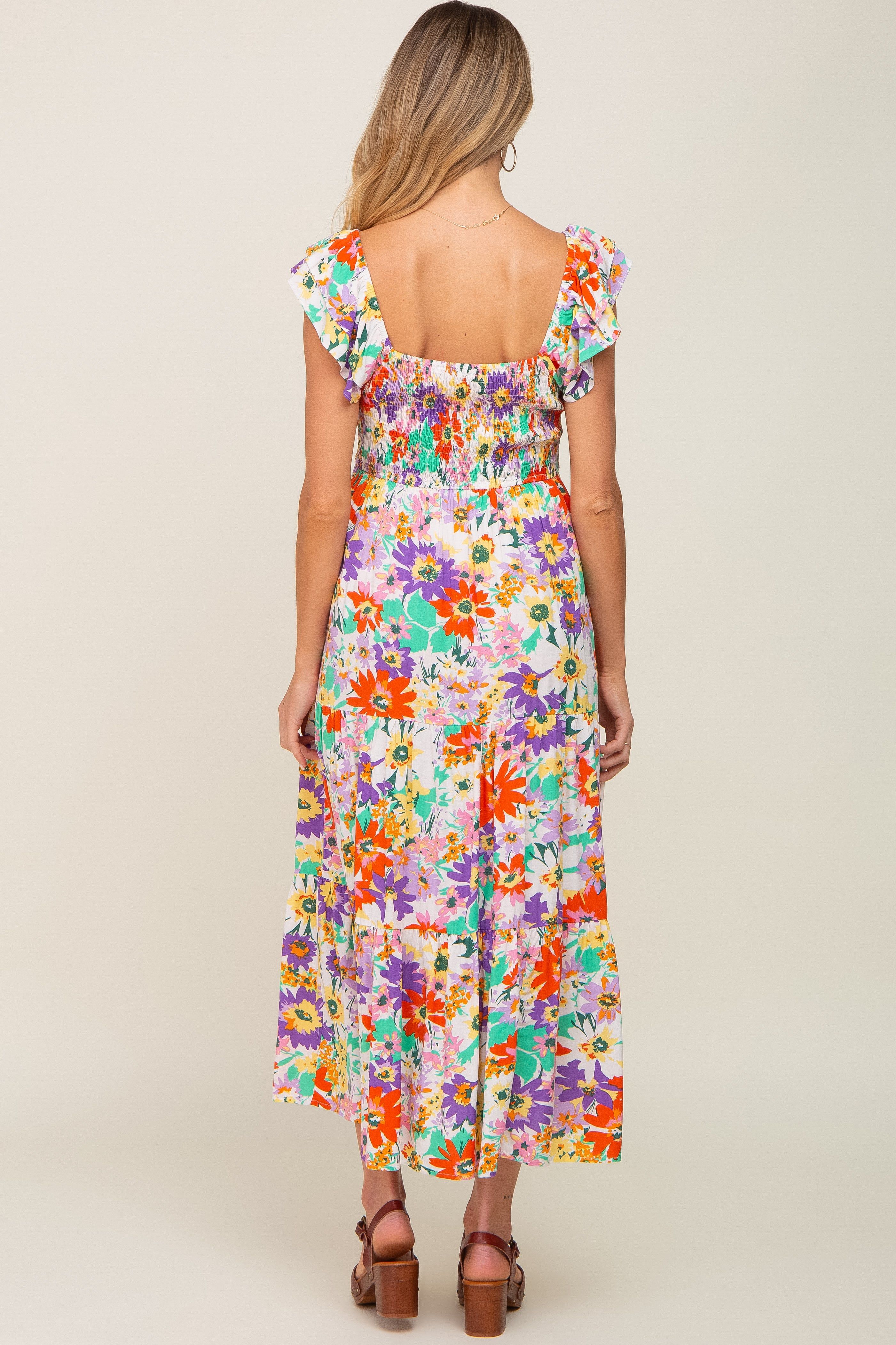 Ivory Floral Ruffle Strap Smocked Maternity Midi Dress sold by Pinkblush product image thumbnail 3