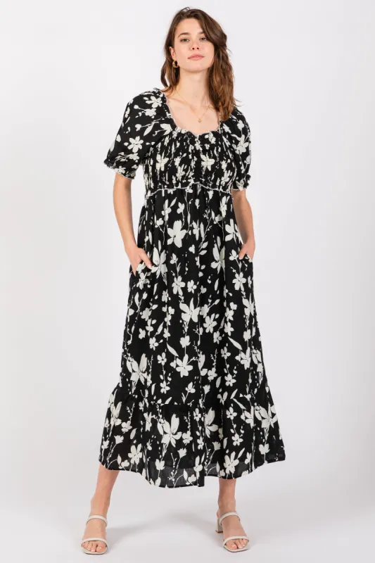 Black Floral Puff Sleeve Midi Dress sold by Pinkblush
