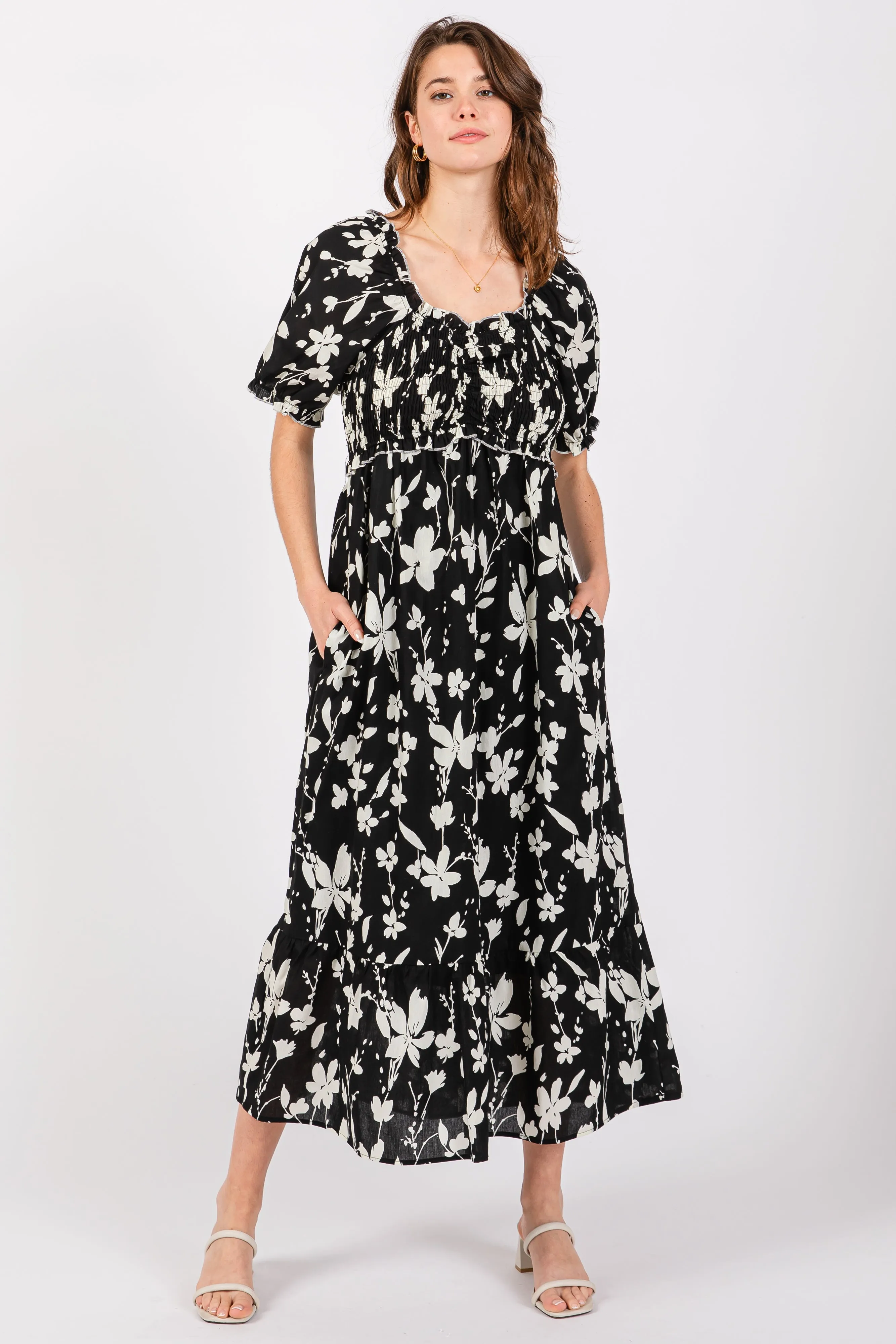 Black Floral Puff Sleeve Midi Dress sold by Pinkblush
