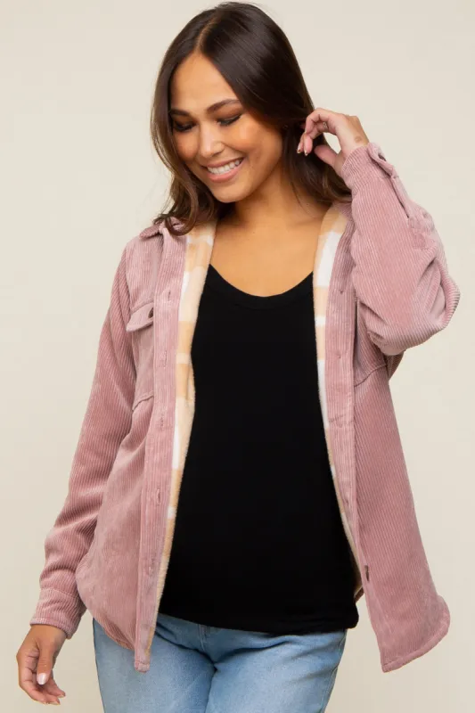 Mauve Corduroy Plaid Fleece Lined Button Down Maternity Shacket sold by Pinkblush