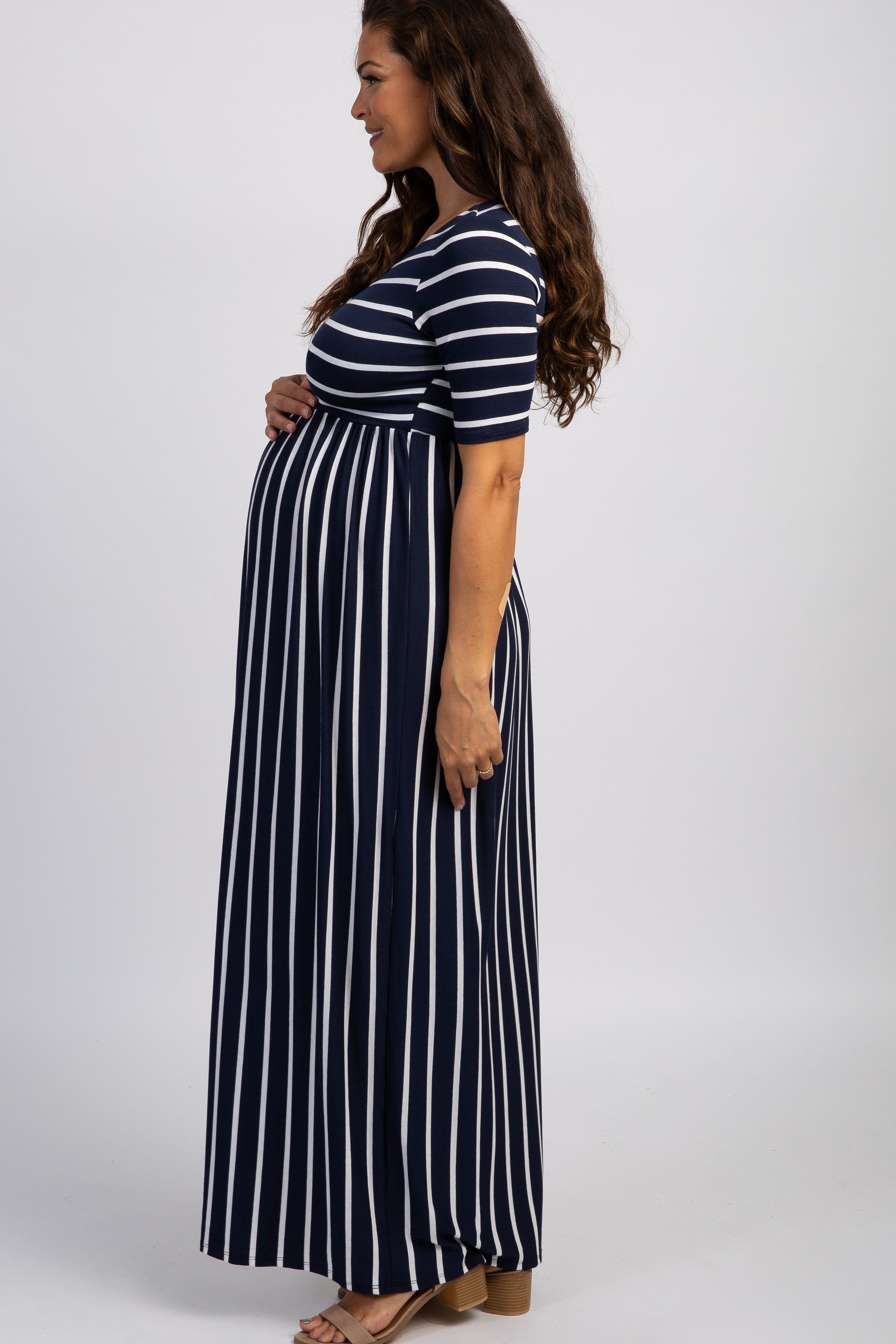 PinkBlush Navy Blue Striped Half Sleeve Maternity Maxi Dress sold by Pinkblush product image thumbnail 2