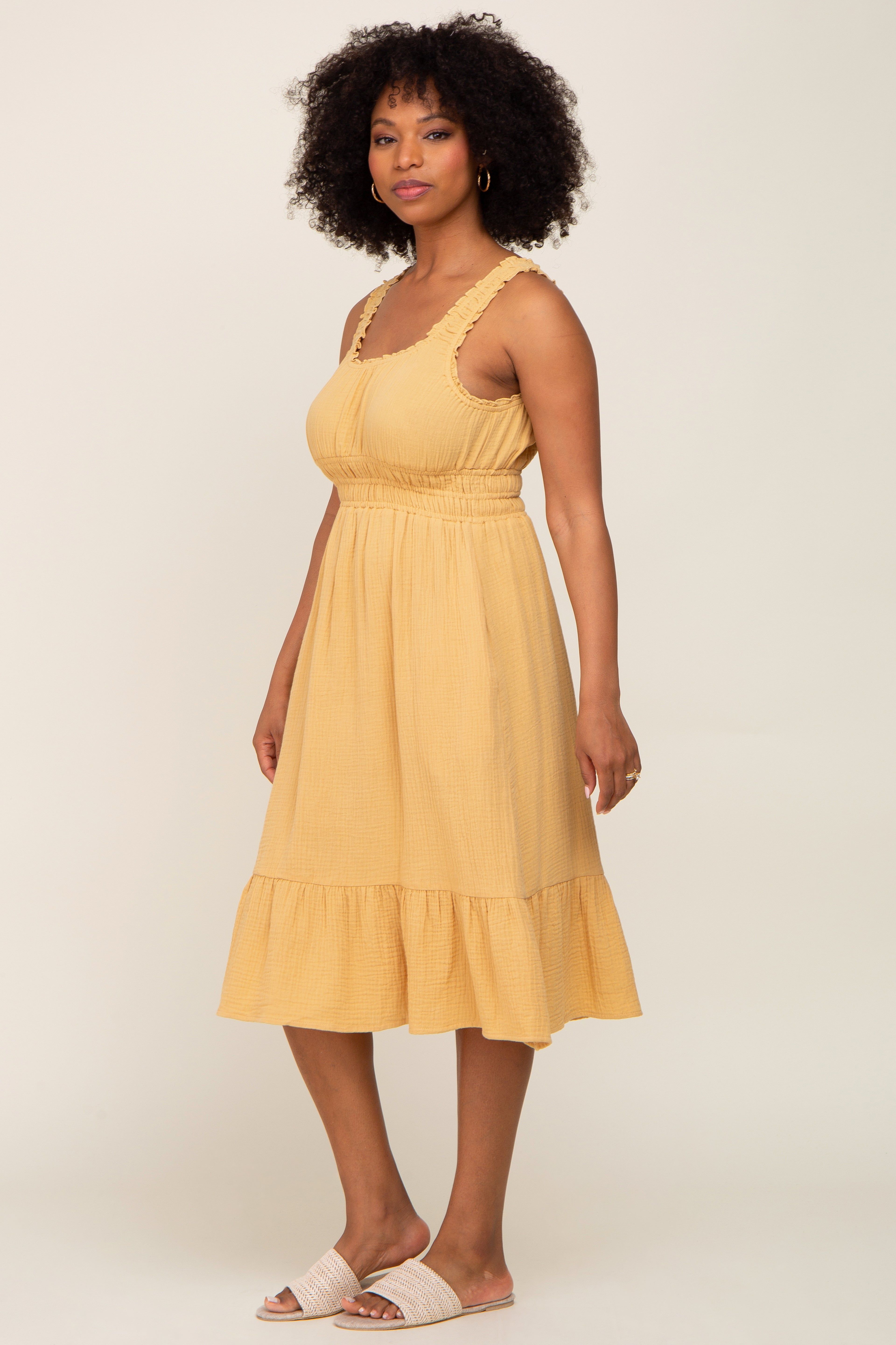 Yellow Gauze Smocked Waist Lettuce Trim Midi Dress sold by Pinkblush product image thumbnail 5