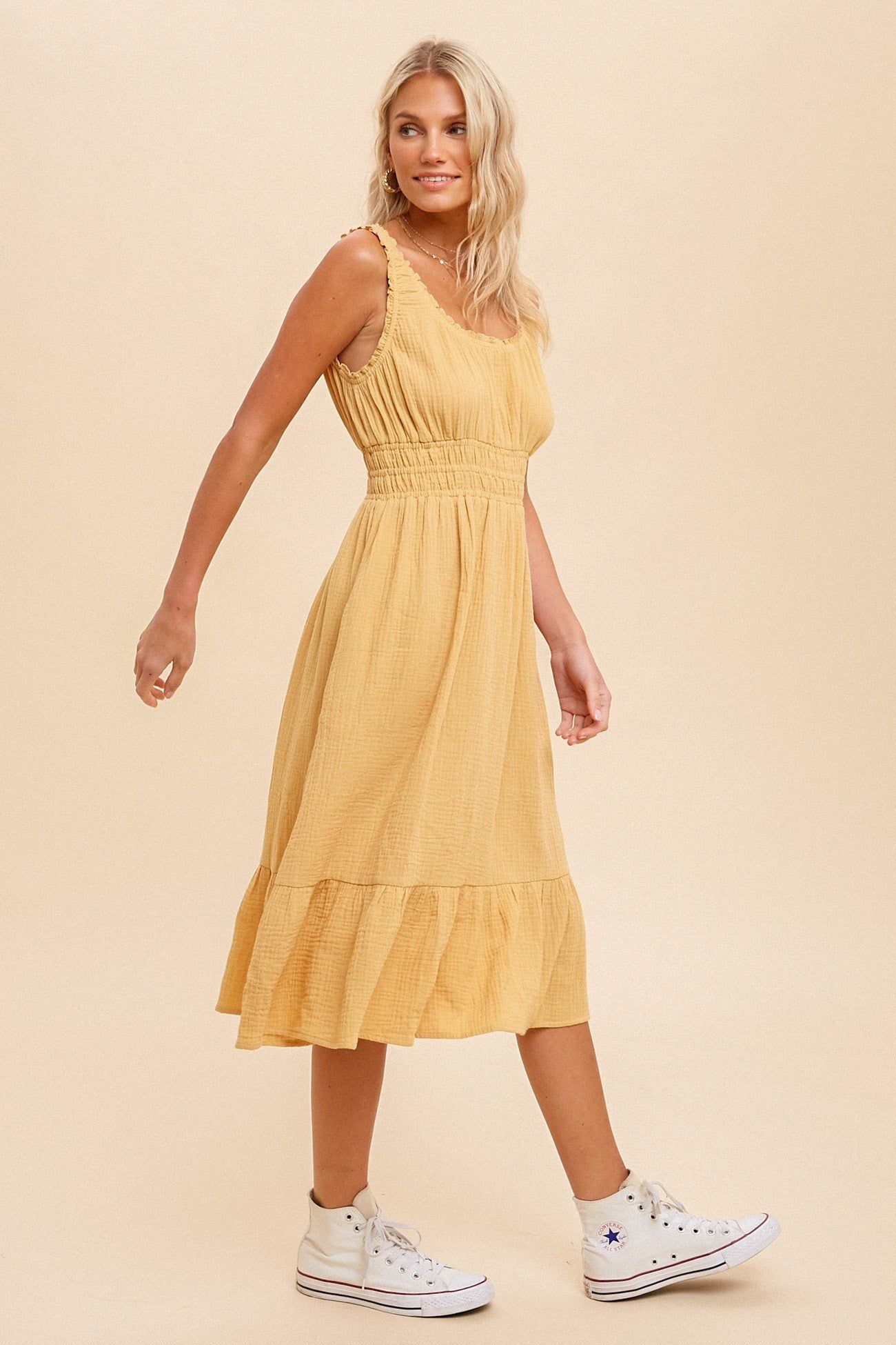 Yellow Gauze Smocked Waist Lettuce Trim Midi Dress sold by Pinkblush product image thumbnail 2