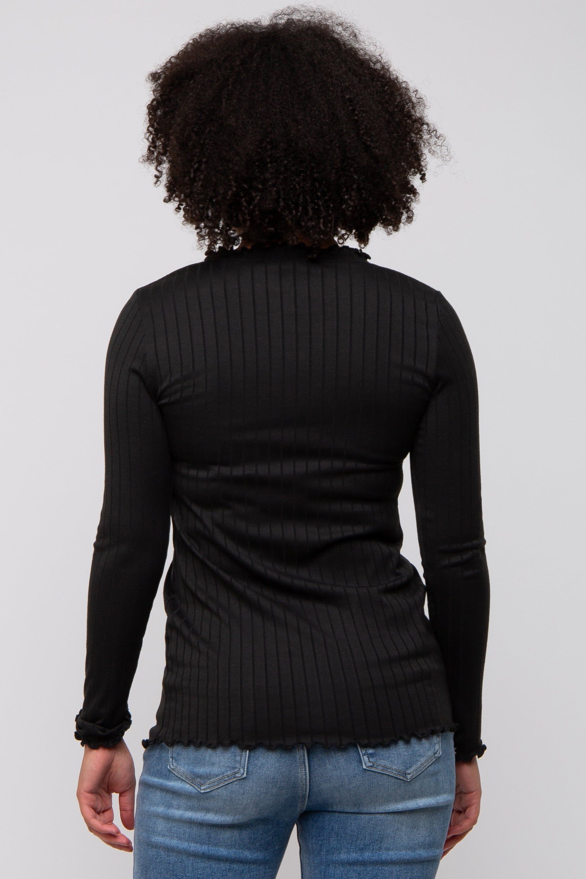 Black Rib Knit Lettuce Trim Long Sleeve Top sold by Pinkblush product image thumbnail 3