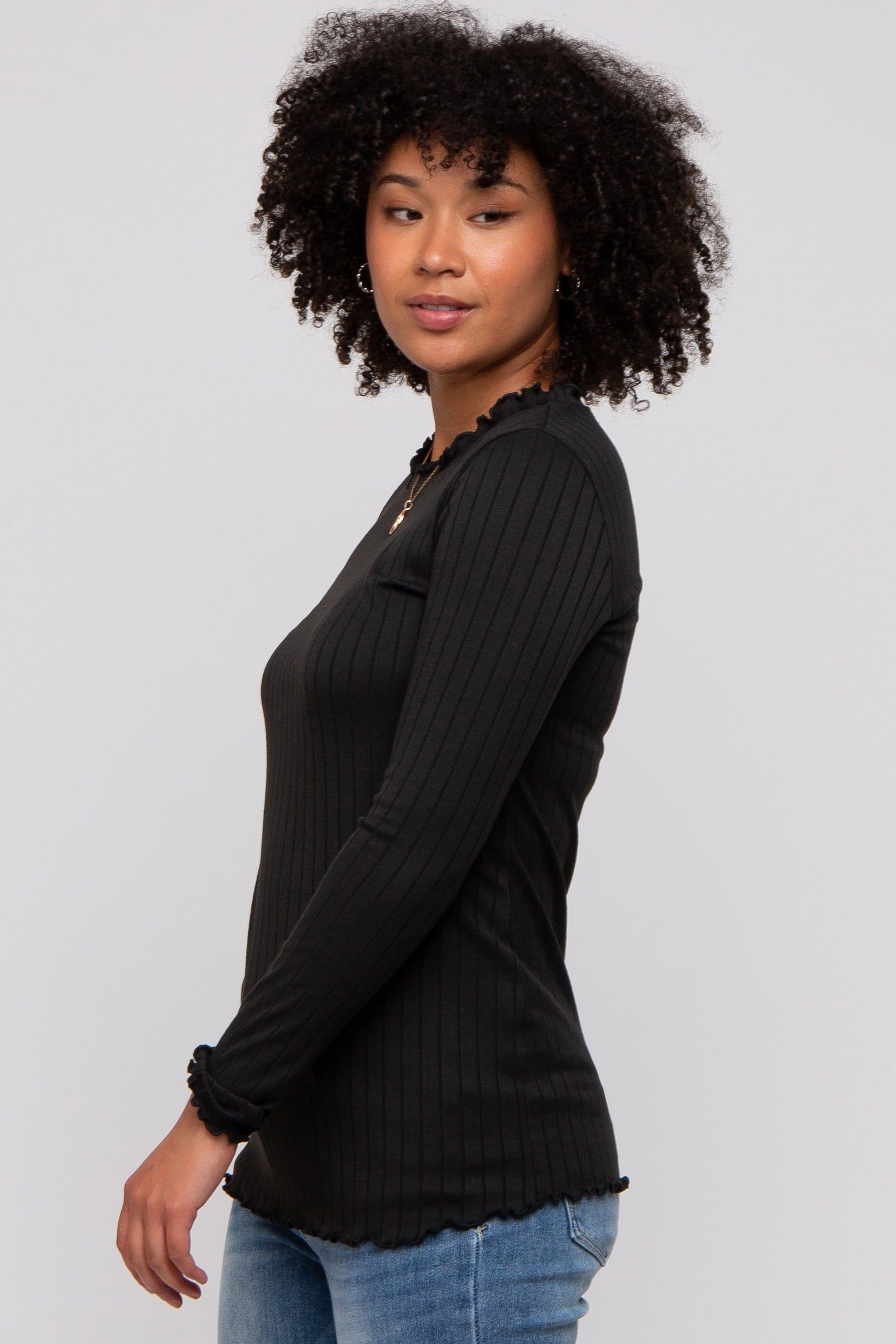 Black Rib Knit Lettuce Trim Long Sleeve Top sold by Pinkblush product image thumbnail 2