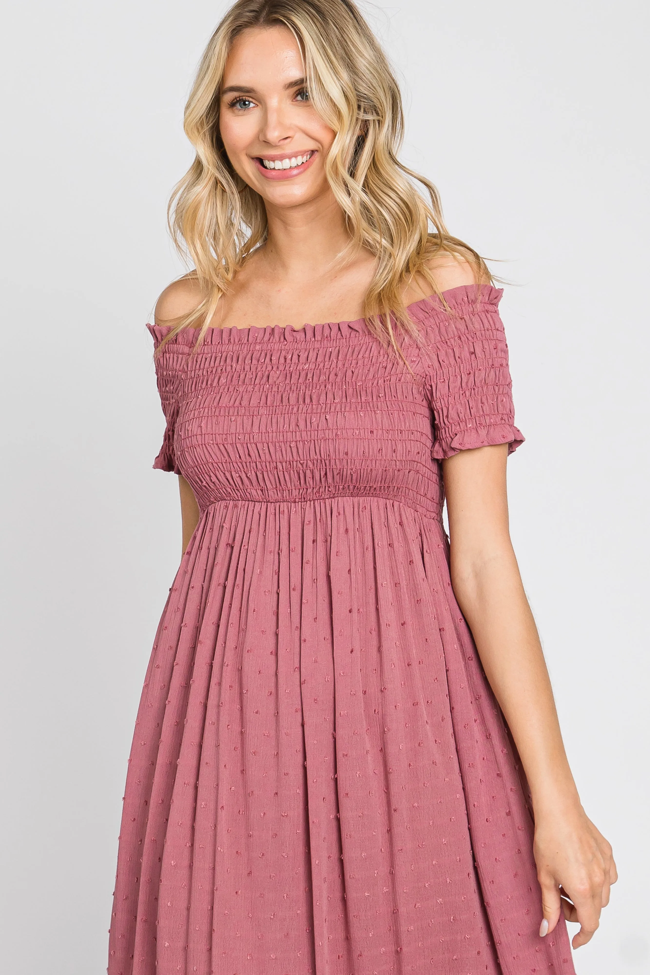 Mauve Off Shoulder Smocked Midi Dress sold by Pinkblush product image thumbnail 4
