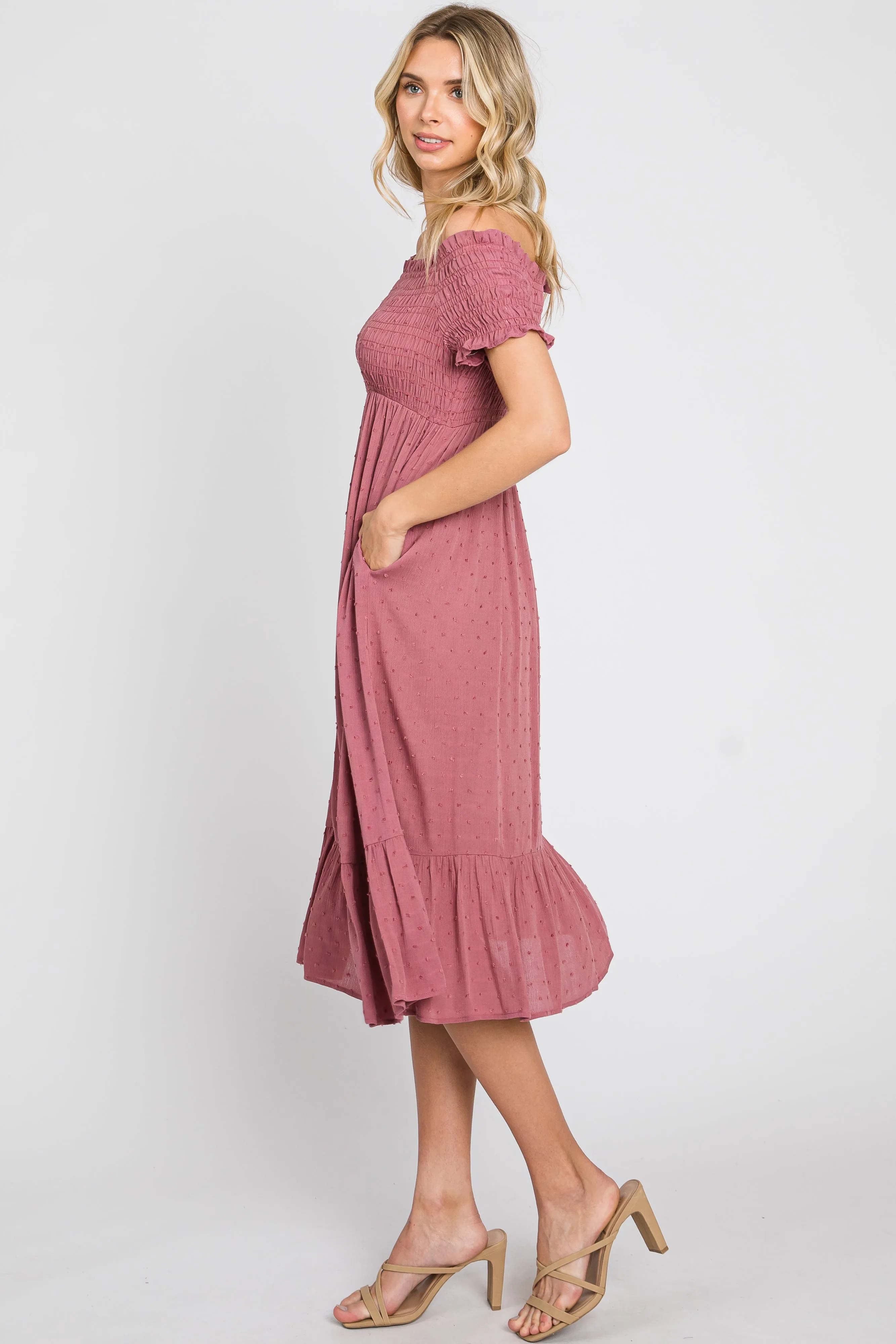 Mauve Off Shoulder Smocked Midi Dress sold by Pinkblush product image thumbnail 2