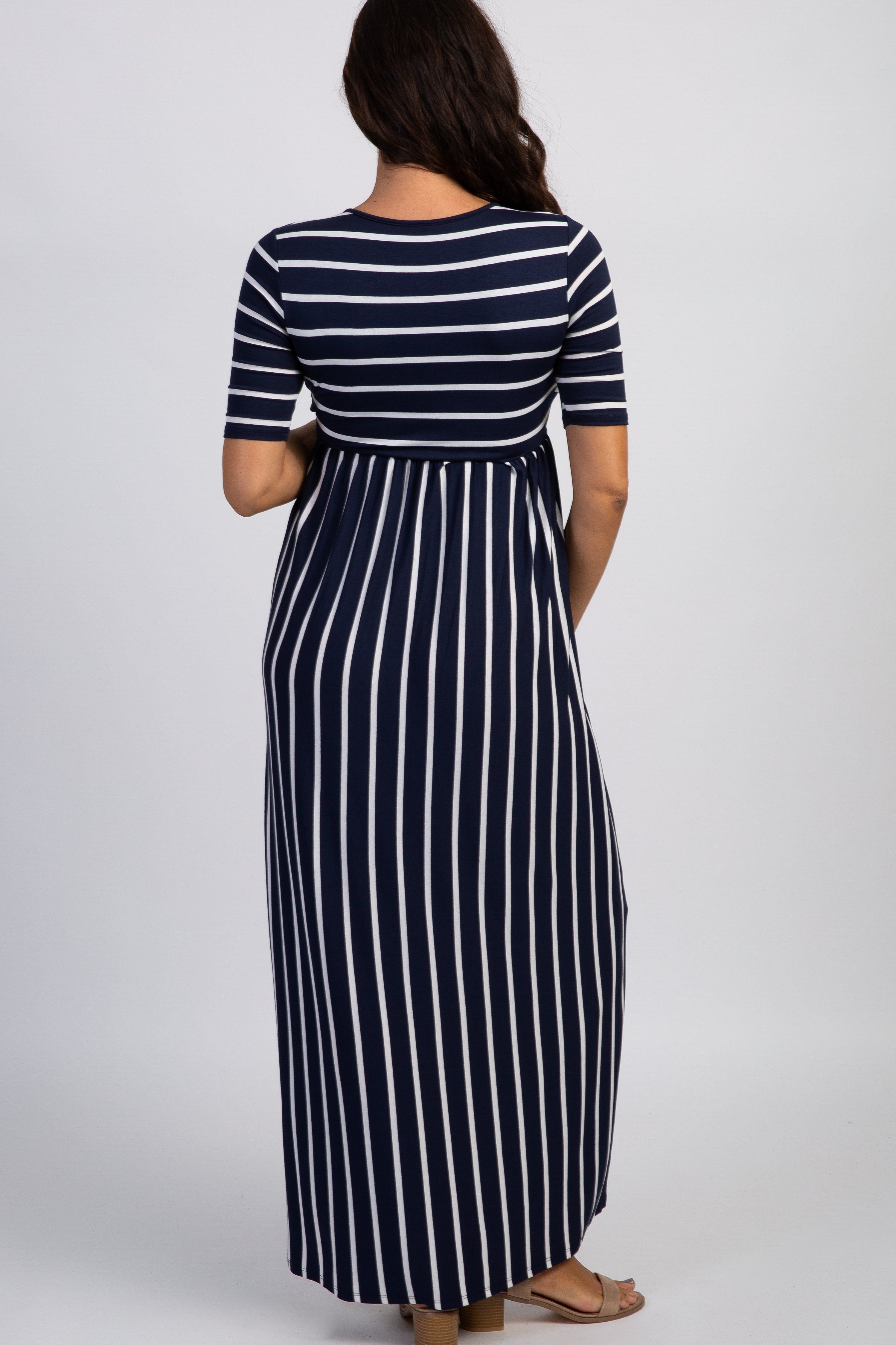 PinkBlush Navy Blue Striped Half Sleeve Maternity Maxi Dress sold by Pinkblush product image thumbnail 3