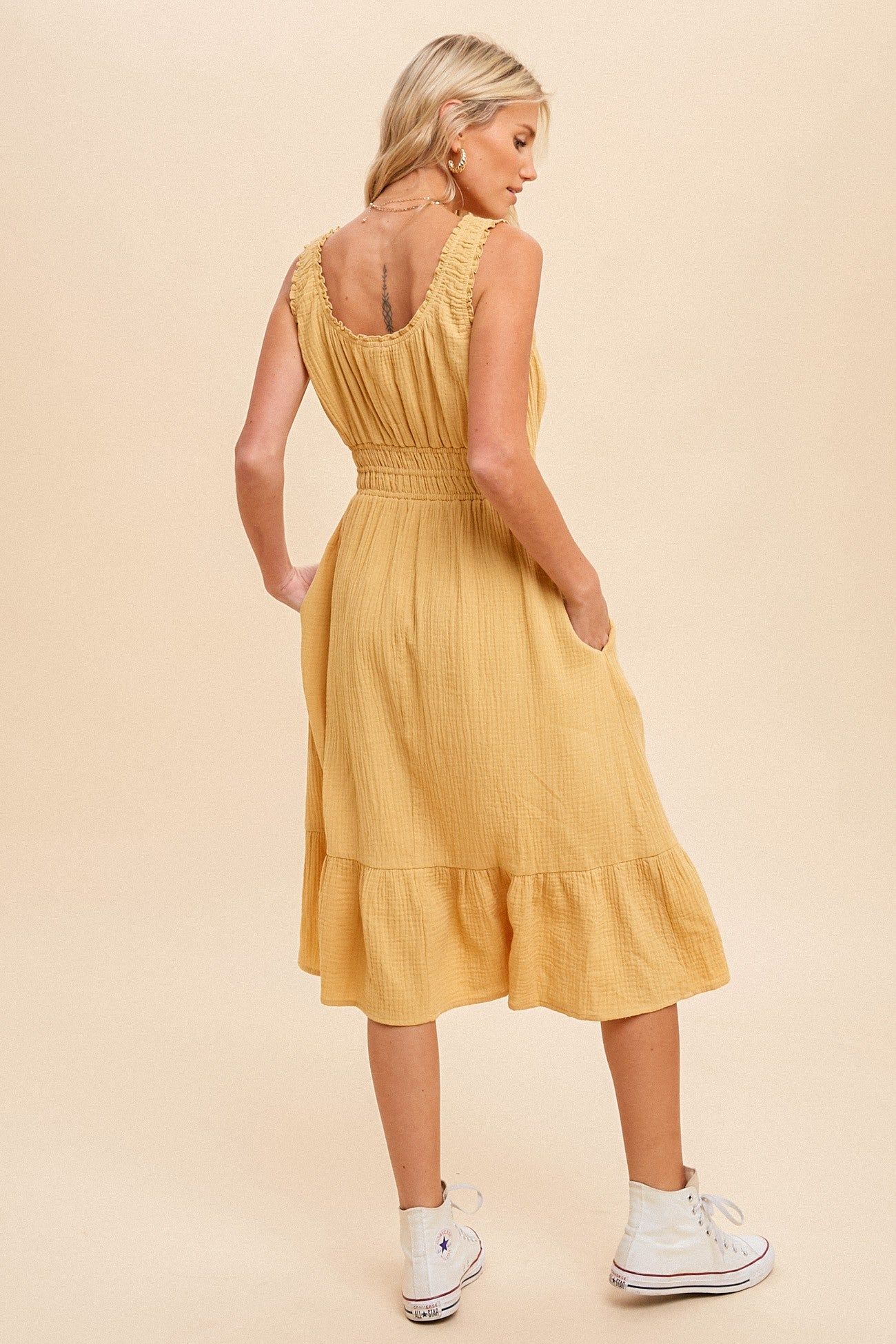 Yellow Gauze Smocked Waist Lettuce Trim Midi Dress sold by Pinkblush product image thumbnail 3
