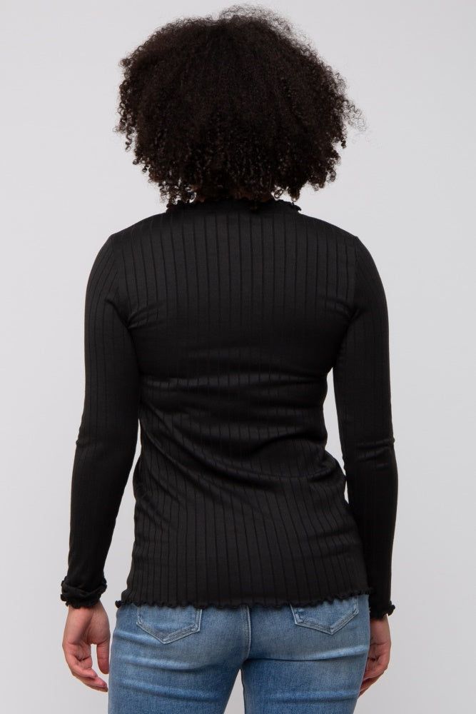 Black Rib Knit Lettuce Trim Long Sleeve Top sold by Pinkblush product image thumbnail 3