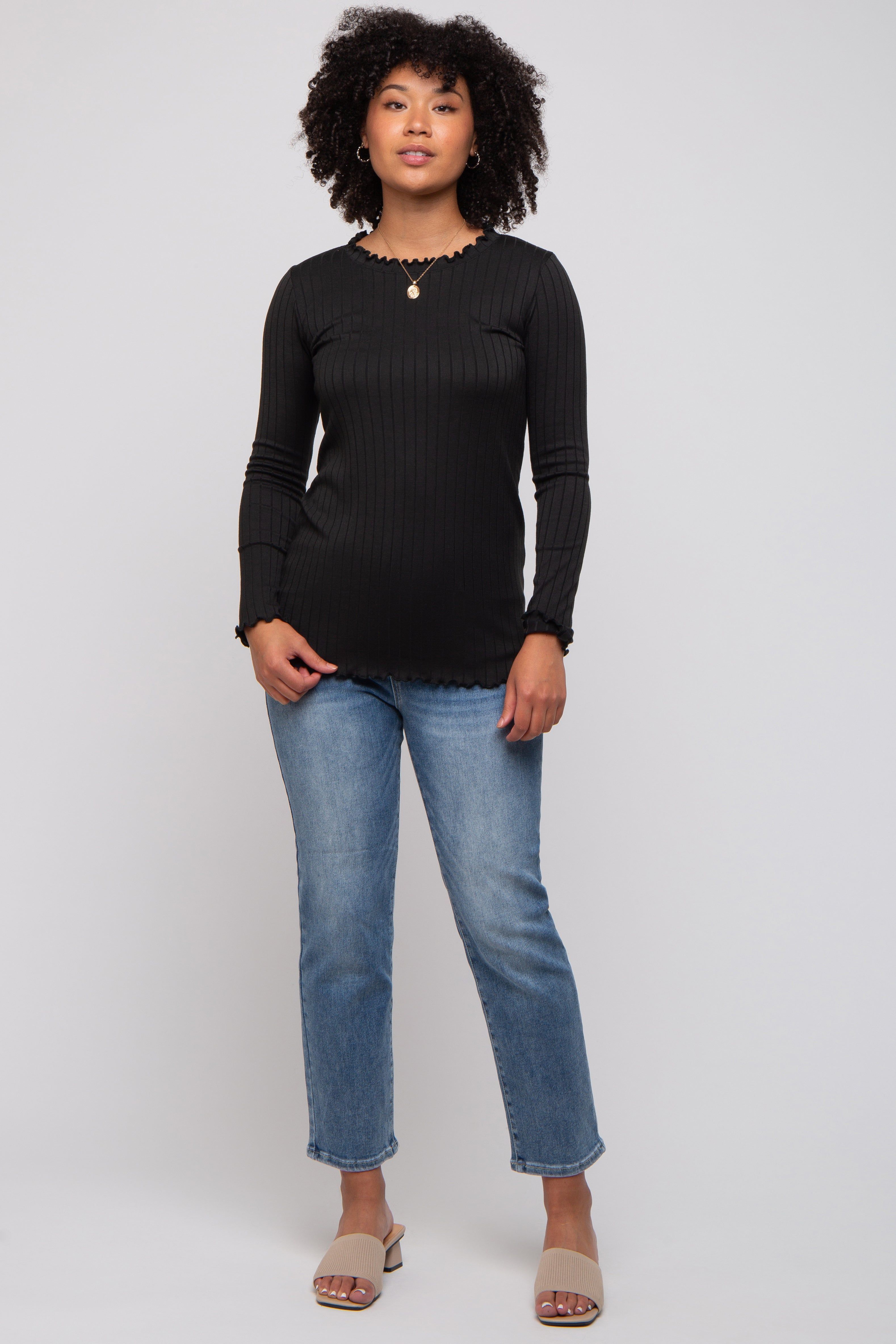 Black Rib Knit Lettuce Trim Long Sleeve Top sold by Pinkblush product image thumbnail 4