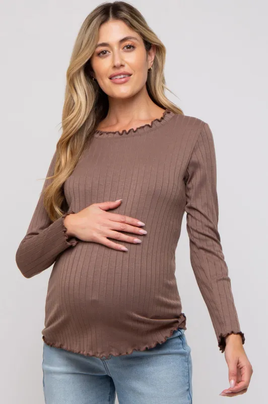 Brown Rib Knit Lettuce Trim Maternity Long Sleeve Top sold by Pinkblush
