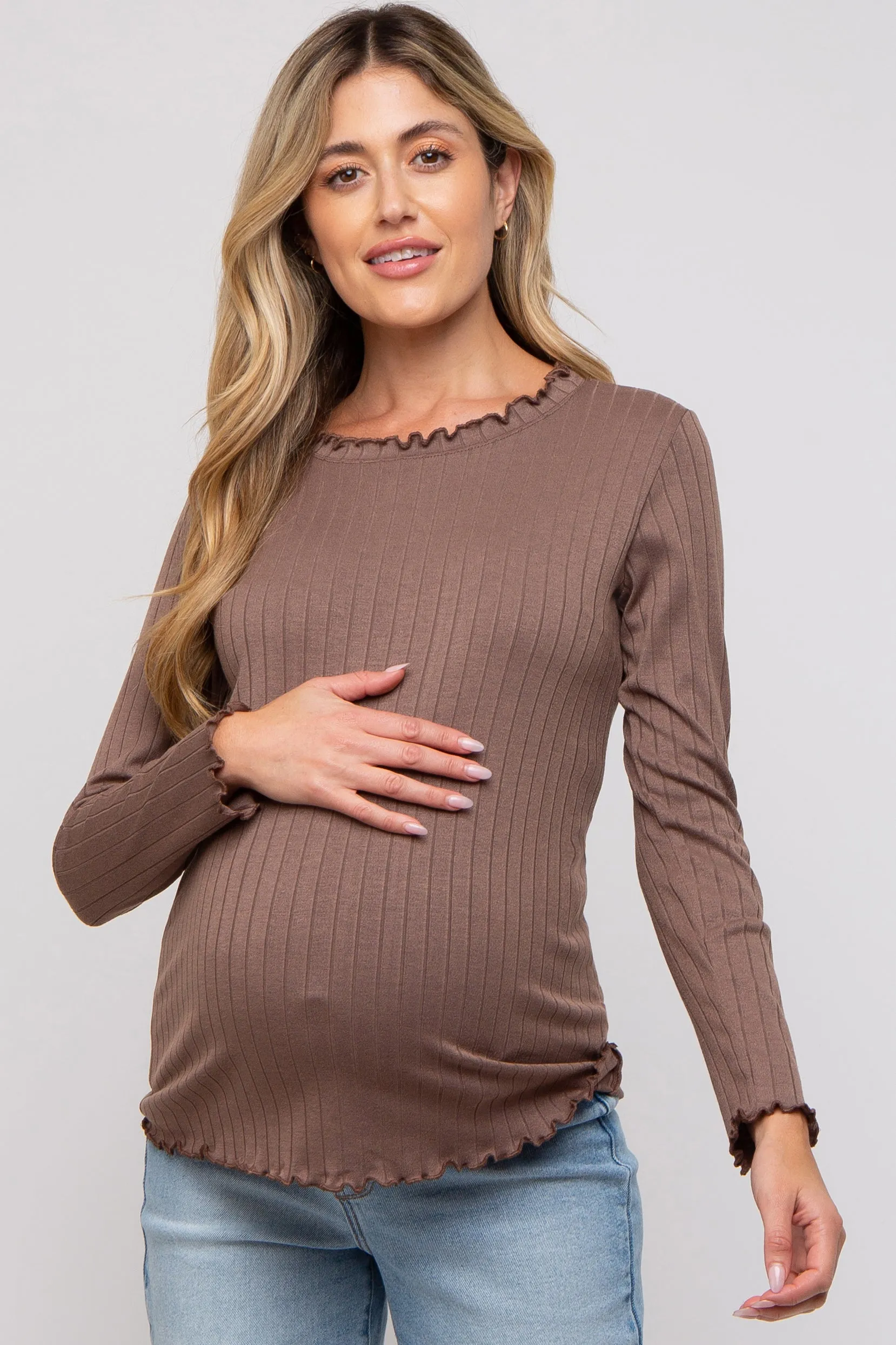 Brown Rib Knit Lettuce Trim Maternity Long Sleeve Top sold by Pinkblush