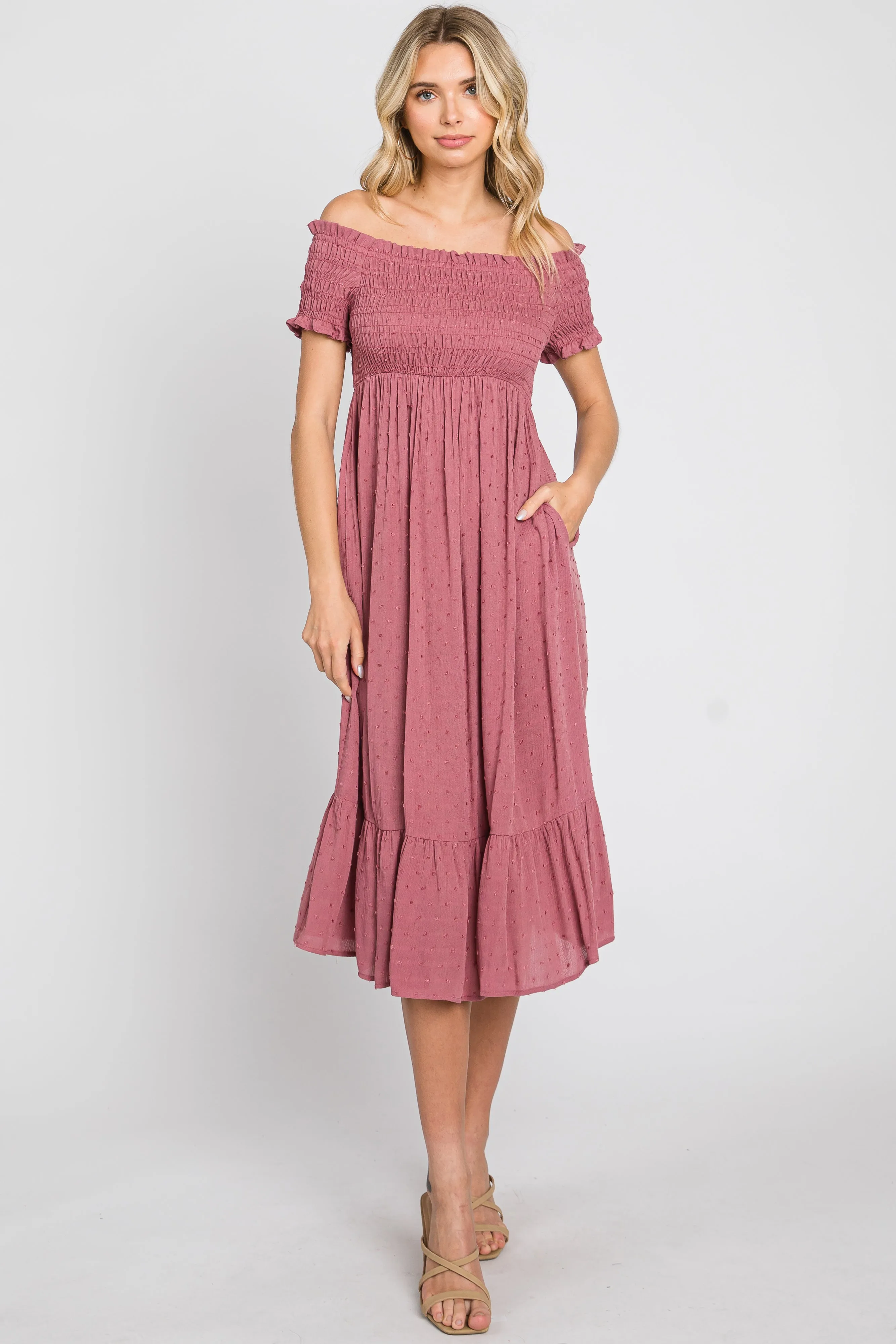 Mauve Off Shoulder Smocked Midi Dress sold by Pinkblush