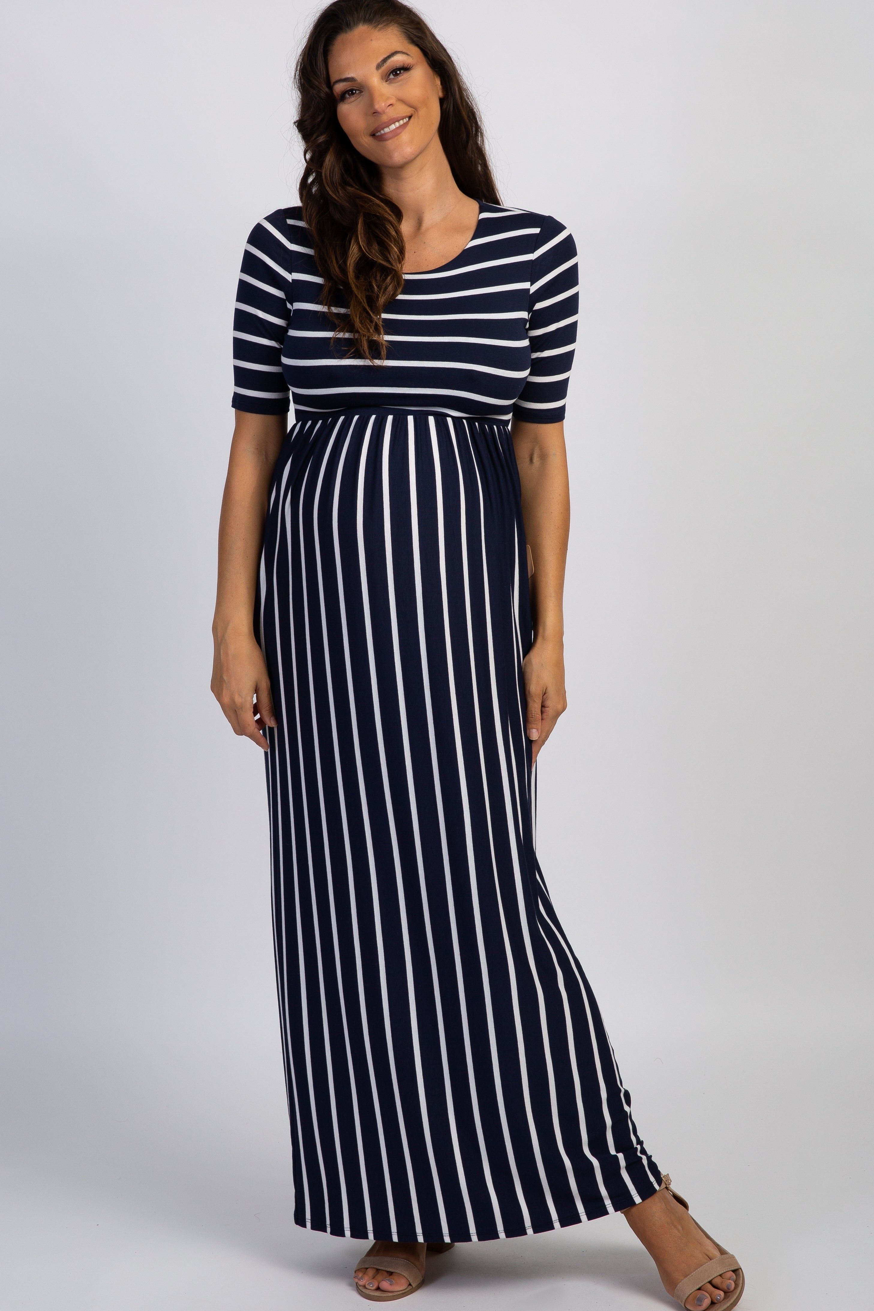 PinkBlush Navy Blue Striped Half Sleeve Maternity Maxi Dress sold by Pinkblush