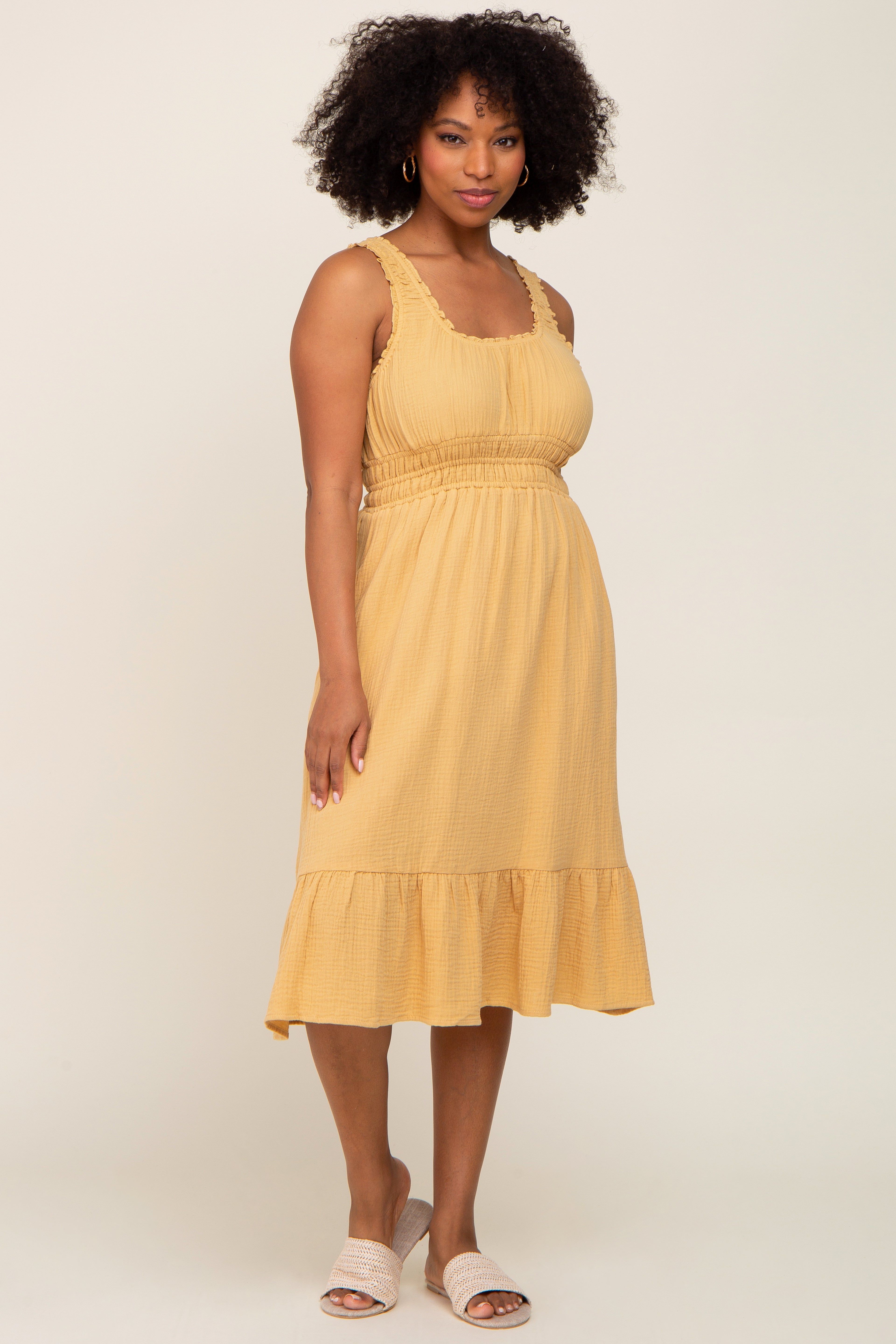 Yellow Gauze Smocked Waist Lettuce Trim Midi Dress sold by Pinkblush product image thumbnail 4