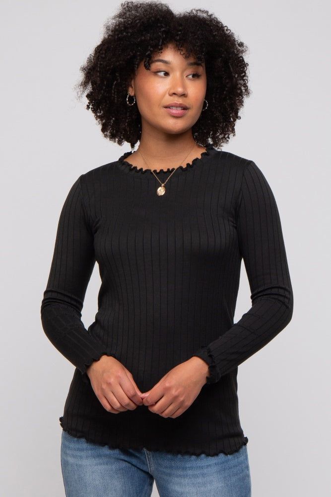 Black Rib Knit Lettuce Trim Long Sleeve Top sold by Pinkblush