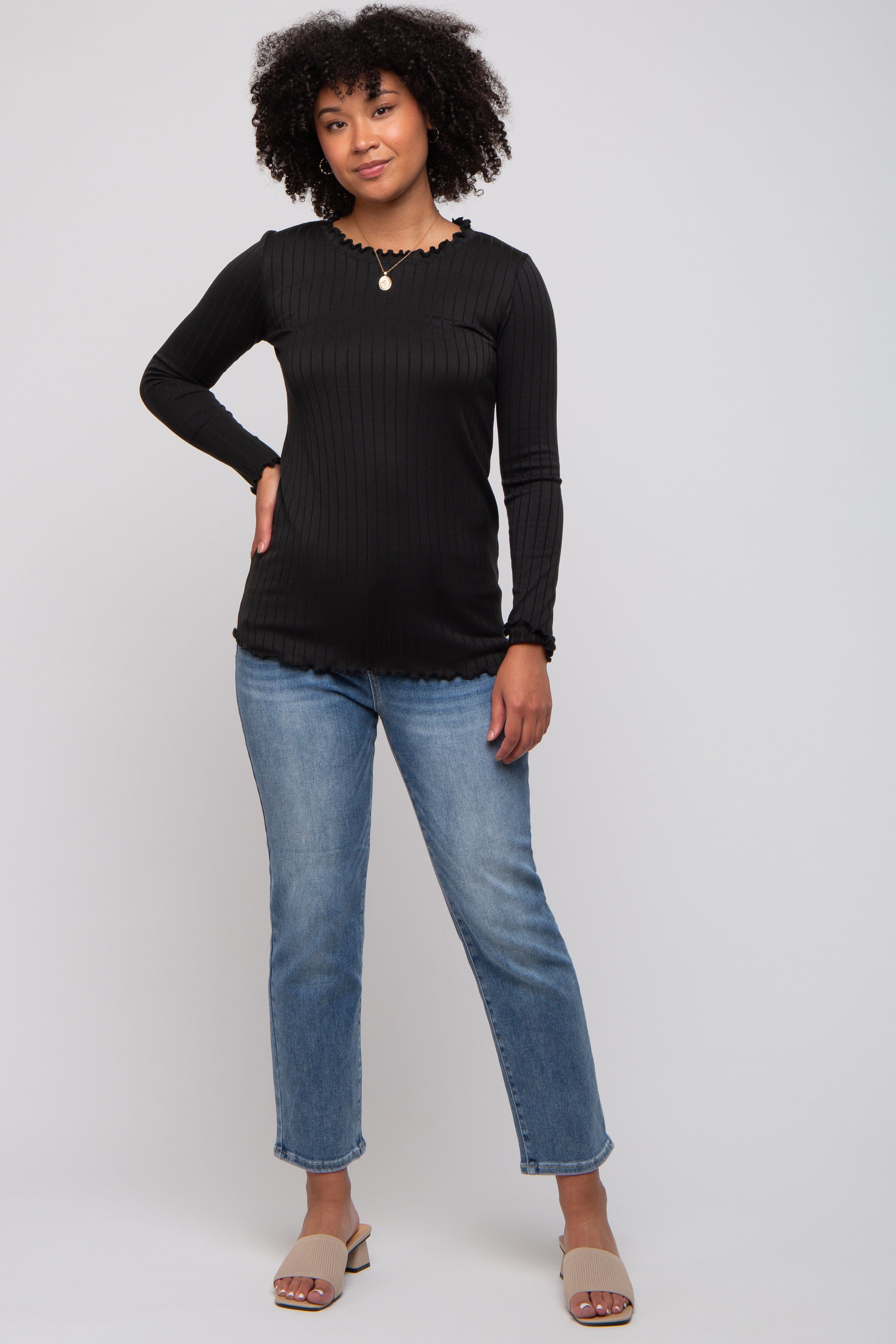 Black Rib Knit Lettuce Trim Long Sleeve Top sold by Pinkblush product image thumbnail 5