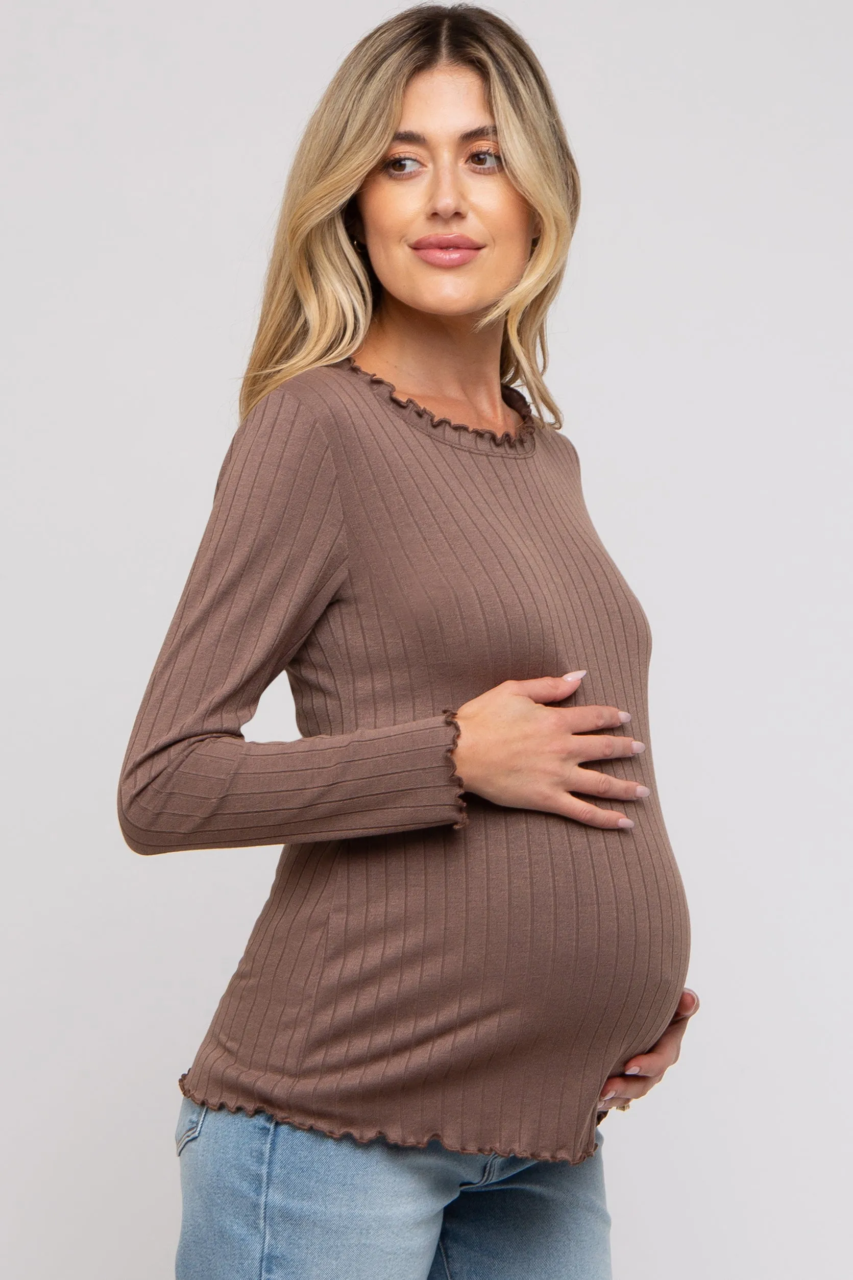 Brown Rib Knit Lettuce Trim Maternity Long Sleeve Top sold by Pinkblush product image thumbnail 2