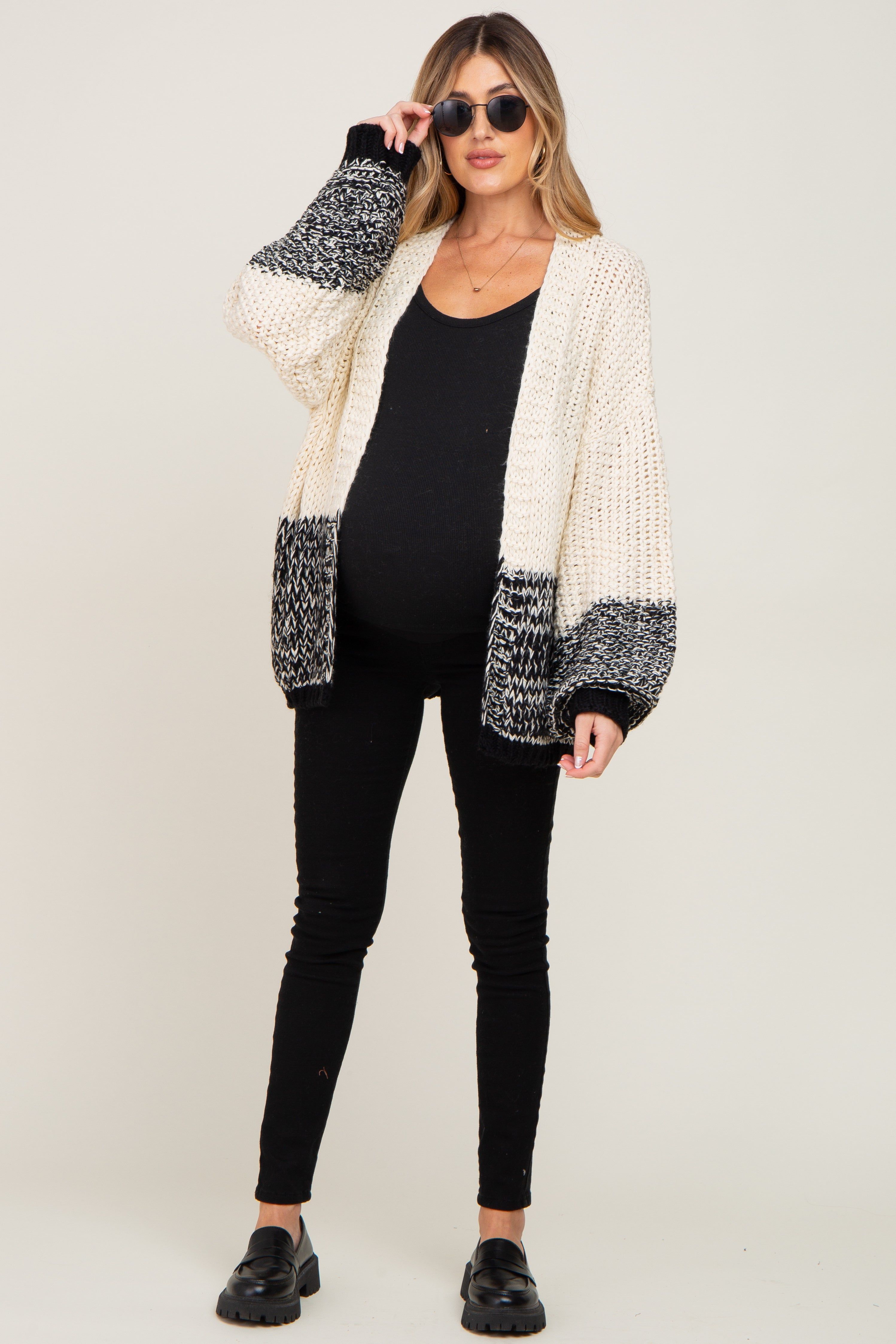 Black Open Knit Color Block Maternity Cardigan sold by Pinkblush product image thumbnail 4