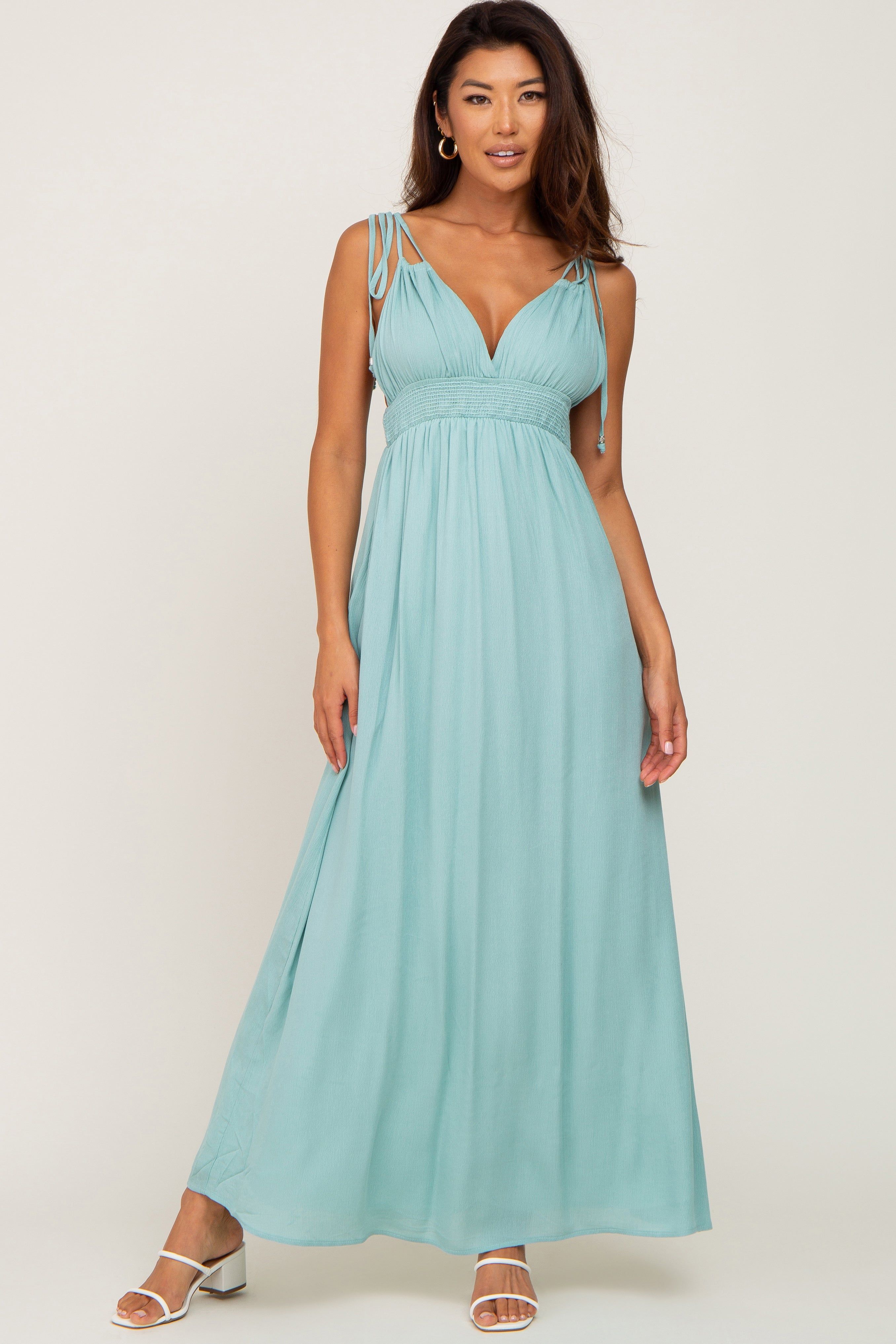 Mint Green Shoulder Tie Open Back Maternity Maxi Dress sold by Pinkblush product image thumbnail 5