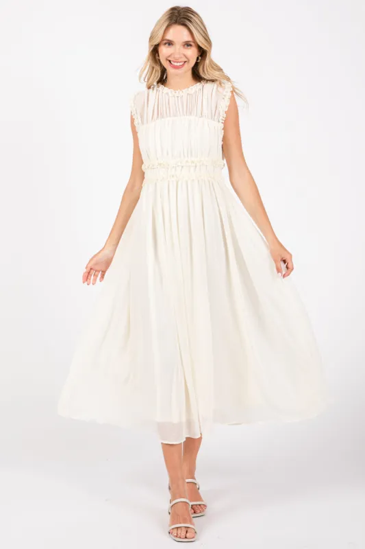 Cream Chiffon Ruched Lettuce Edge Ruffle Midi Dress sold by Pinkblush