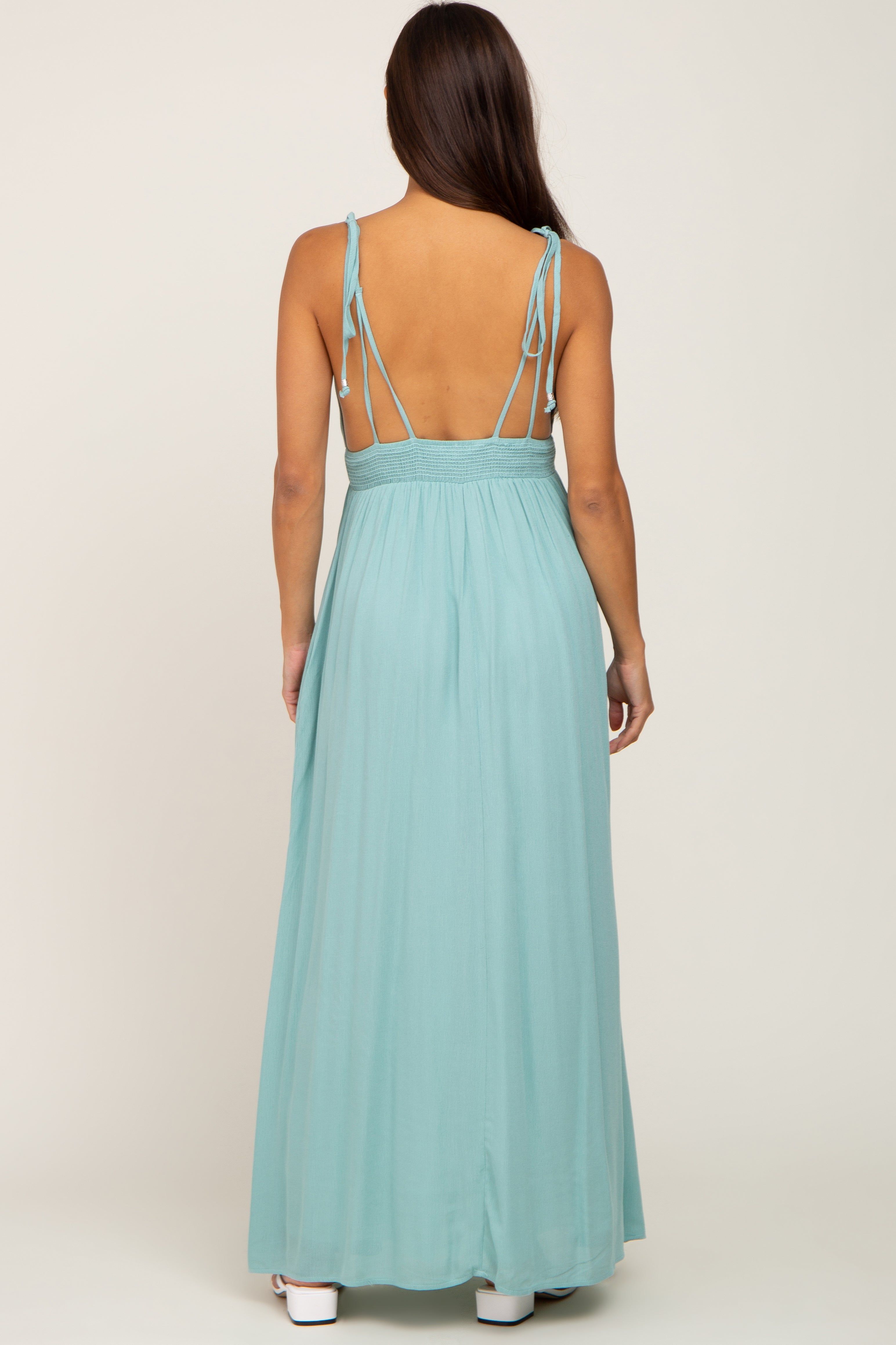 Mint Green Shoulder Tie Open Back Maternity Maxi Dress sold by Pinkblush product image thumbnail 3