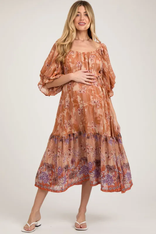 Rust Floral Puff Sleeve Tiered Maternity Midi Dress sold by Pinkblush