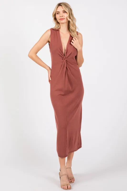 Brown Collared Sleeveless Twist Knit Midi Dress sold by Pinkblush