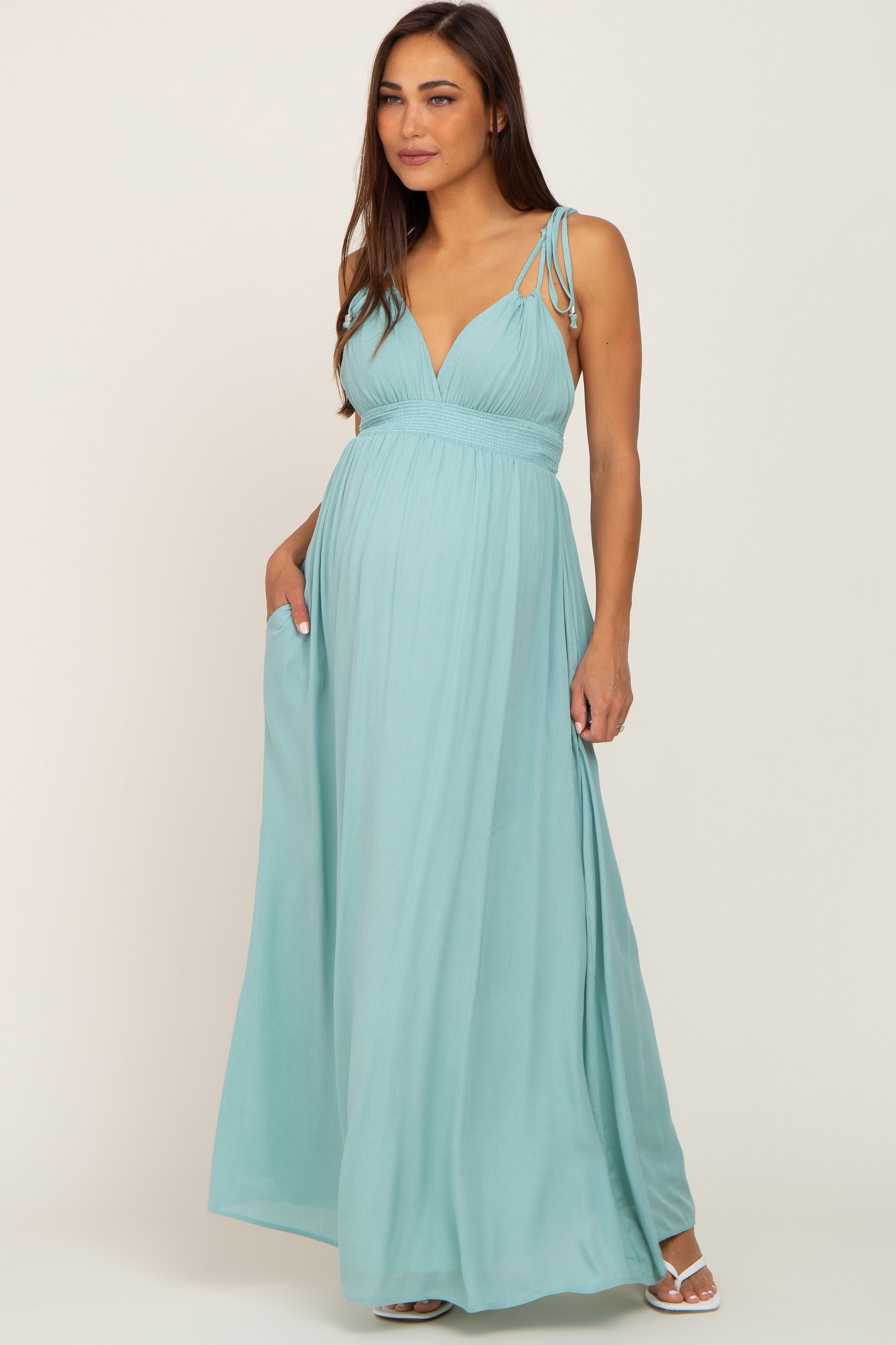 Mint Green Shoulder Tie Open Back Maternity Maxi Dress sold by Pinkblush product image thumbnail 4