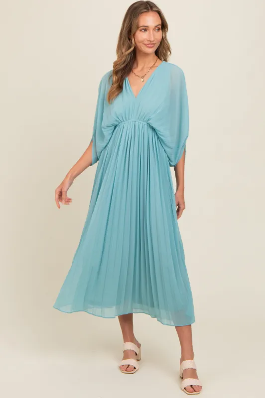 Blue Pleated V Neck Maxi Dress sold by Pinkblush