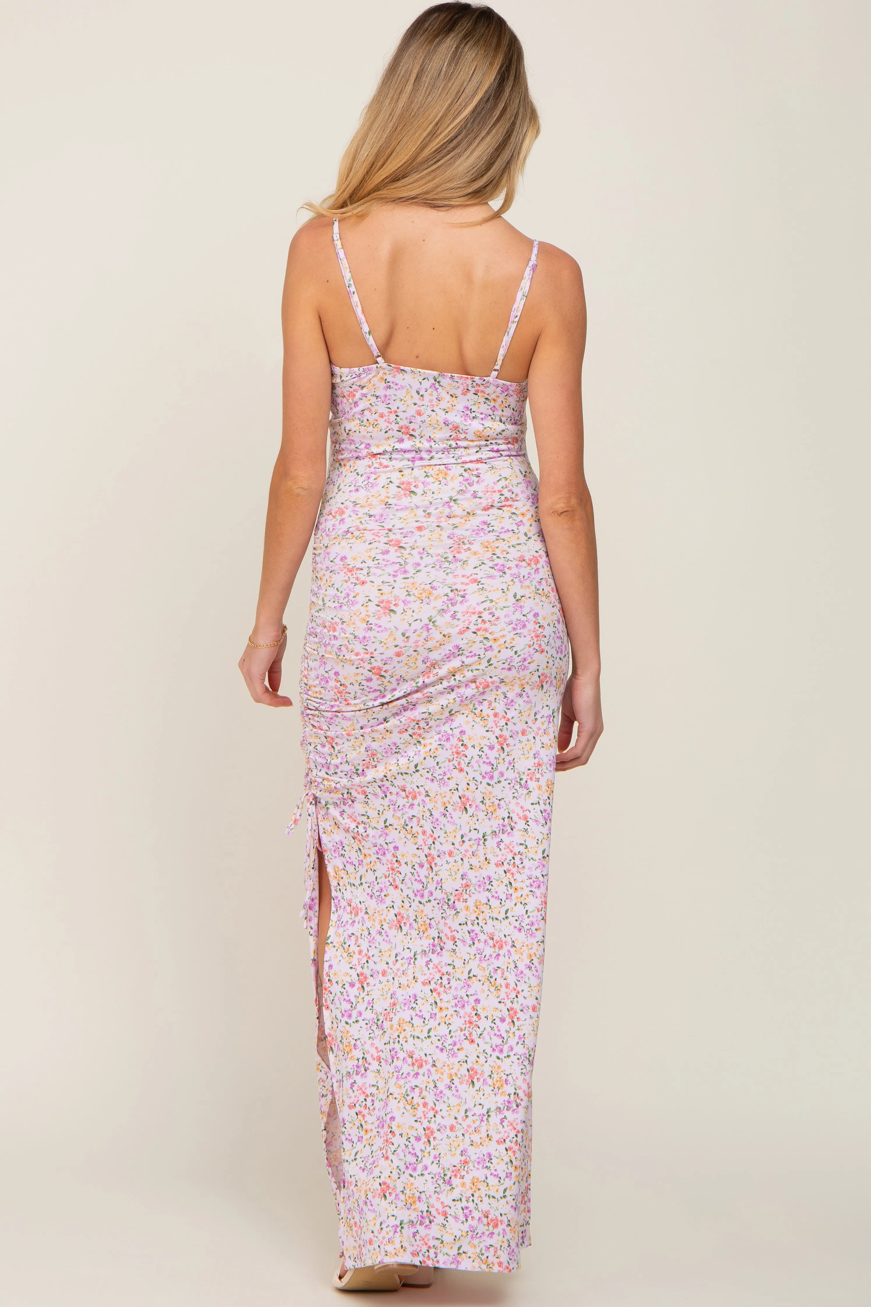 Lavender Floral Side Slit Ruched Maternity Maxi Dress sold by Pinkblush product image thumbnail 4