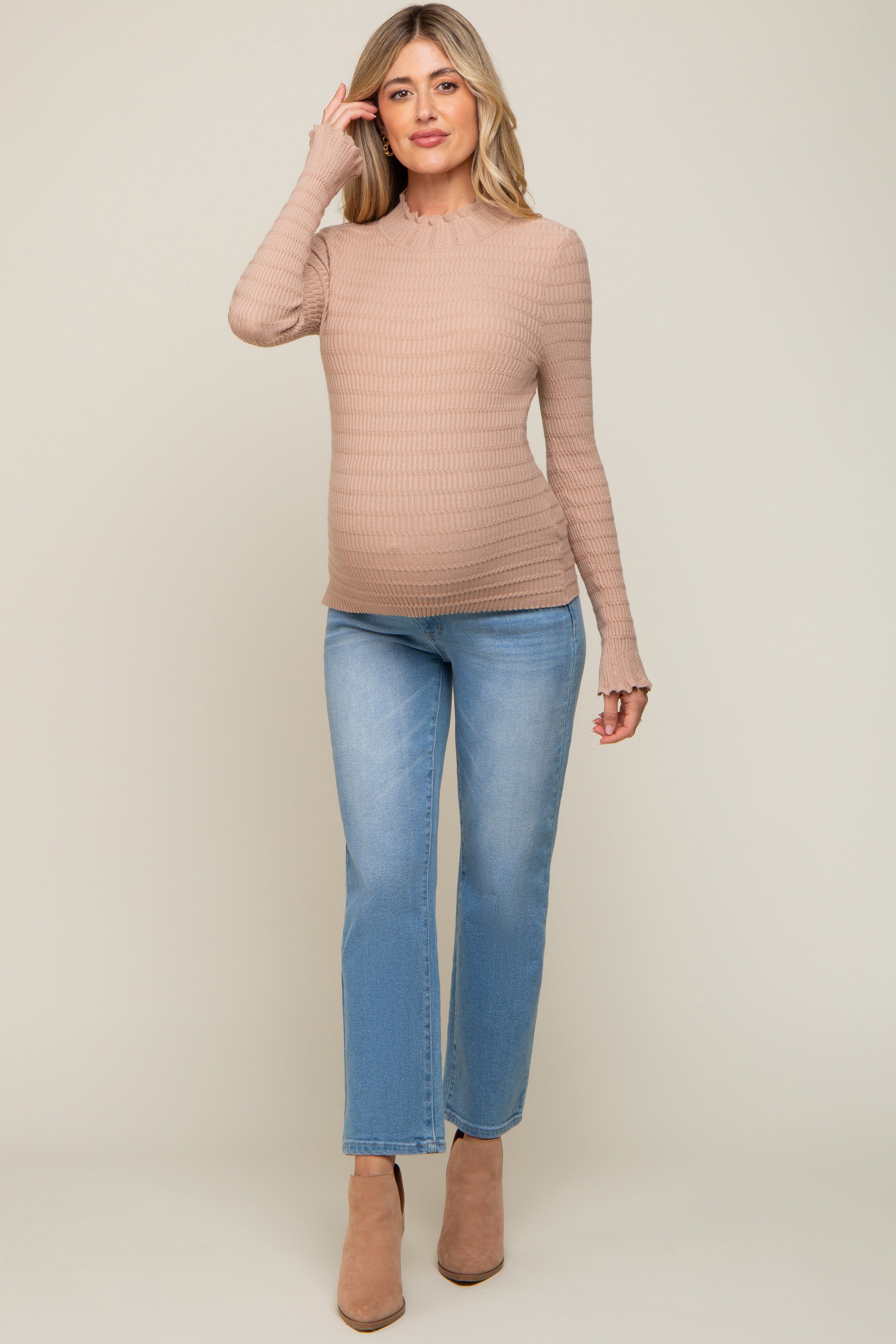 Taupe Textured Knit Ruffle Mock Neck Maternity Top sold by Pinkblush product image thumbnail 4