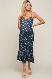 Navy Floral Sleeveless Maternity Midi Dress sold by Pinkblush