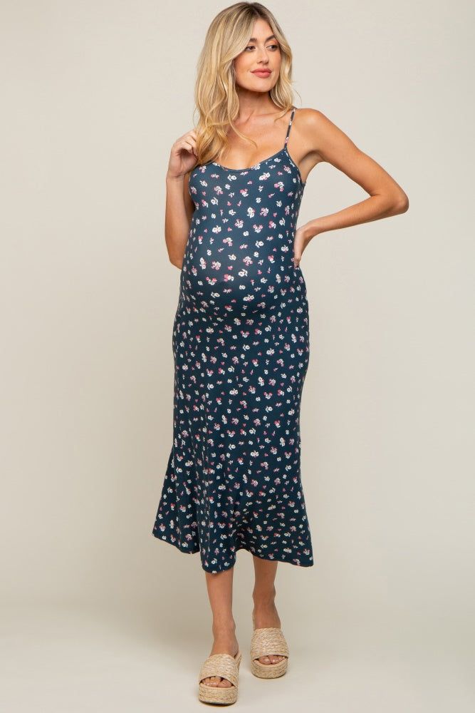 Navy Floral Sleeveless Maternity Midi Dress sold by Pinkblush product image thumbnail 2