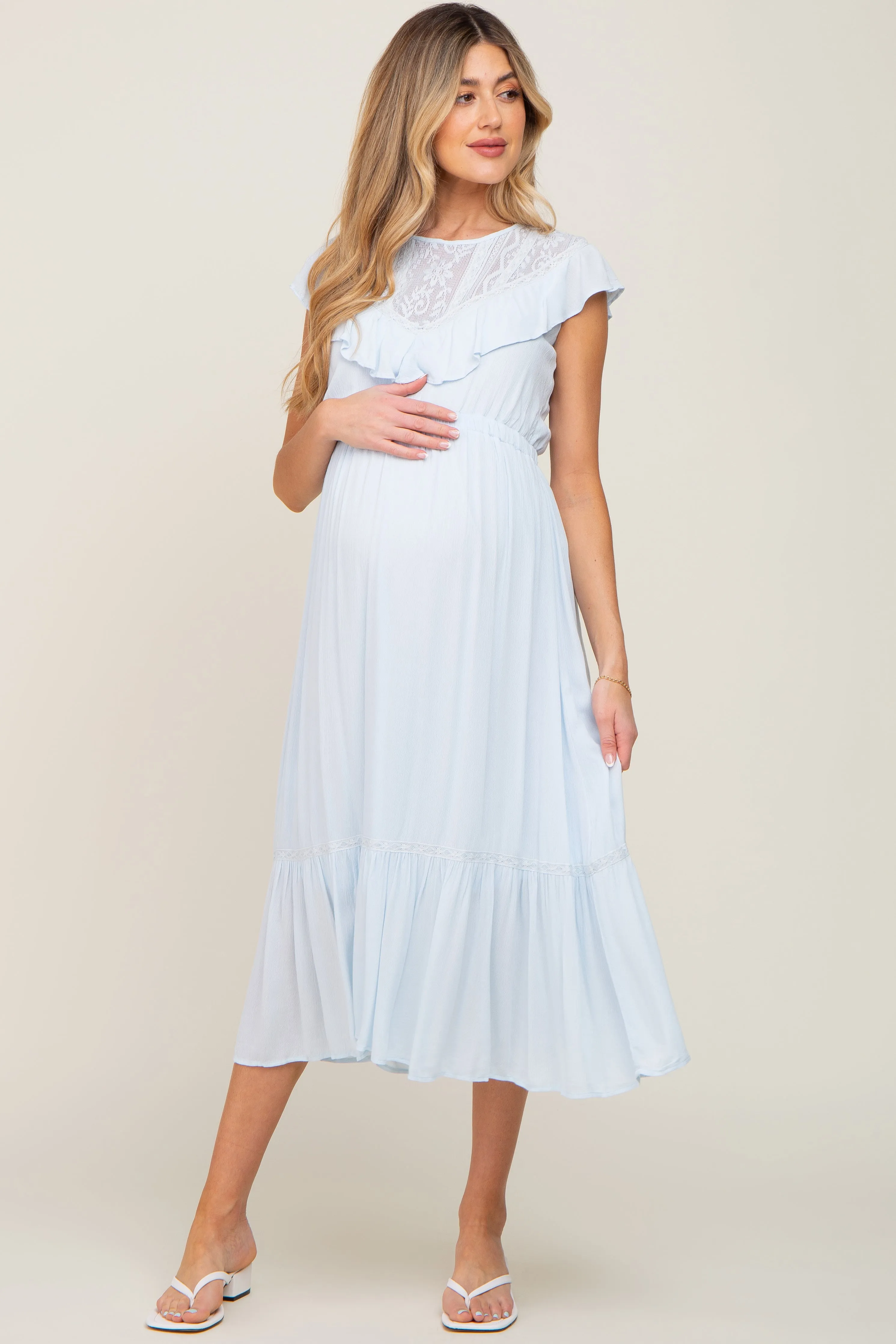 Light Blue Lace Inset Ruffle Maternity Midi Dress sold by Pinkblush product image thumbnail 5
