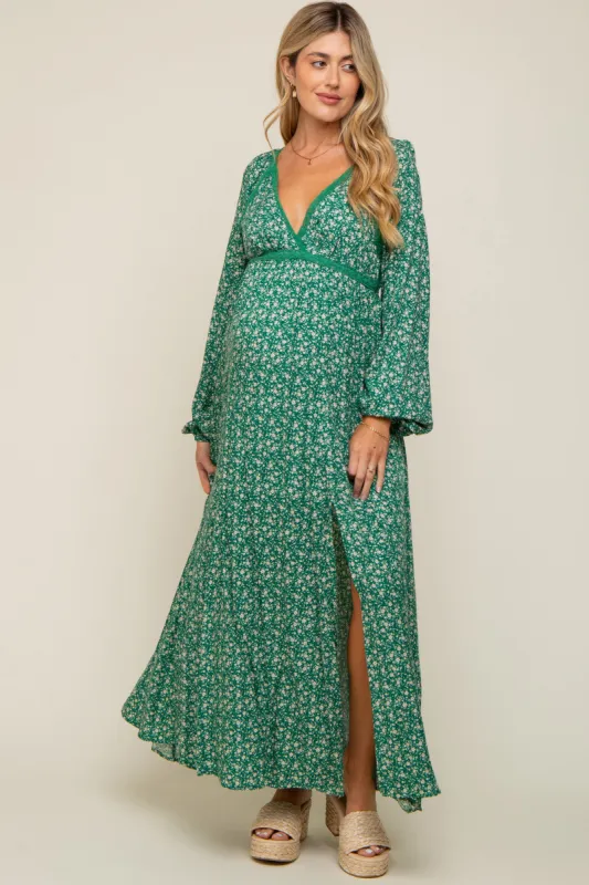 Green Floral Lace Accent Side Slit Maternity Maxi Dress sold by Pinkblush