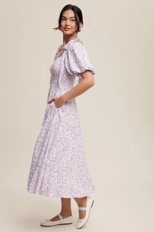 Blue Floral Off Shoulder Smocked Dress sold by Pinkblush