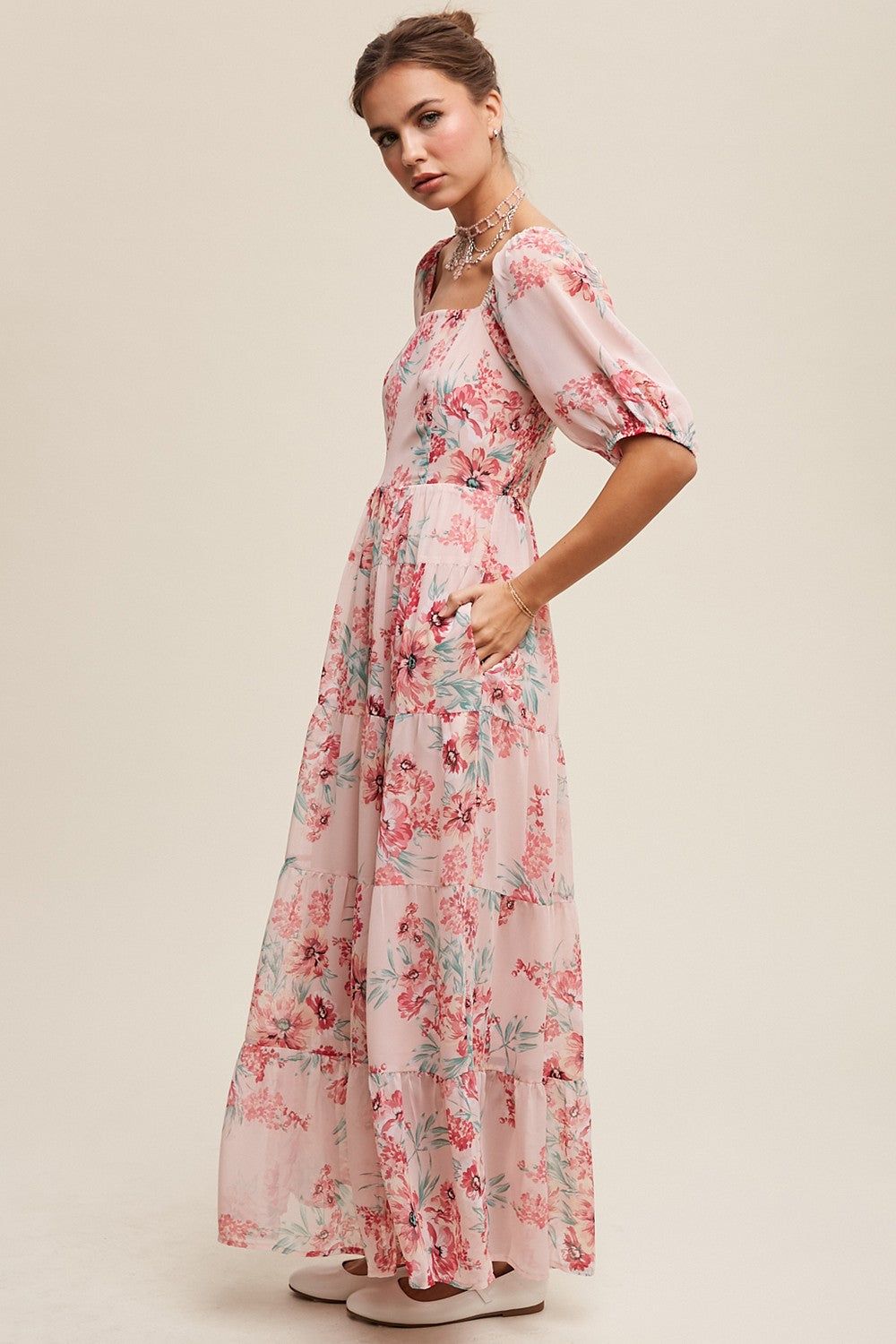 Blush Square Neck Puff Sleeve Floral Chiffon Maxi Dress sold by Pinkblush product image thumbnail 3