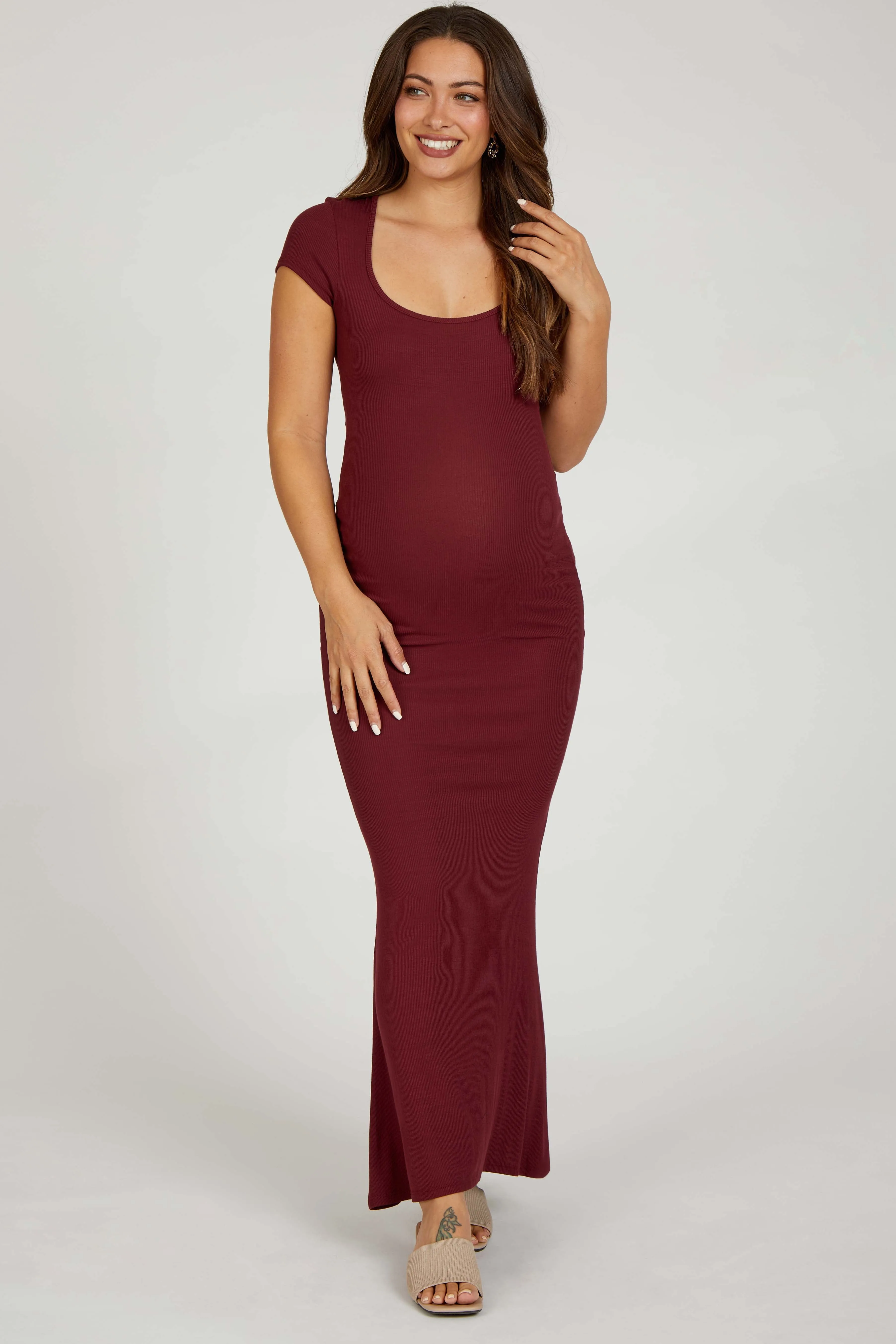 Burgundy Ribbed Scoop Neck Maternity Maxi Dress sold by Pinkblush