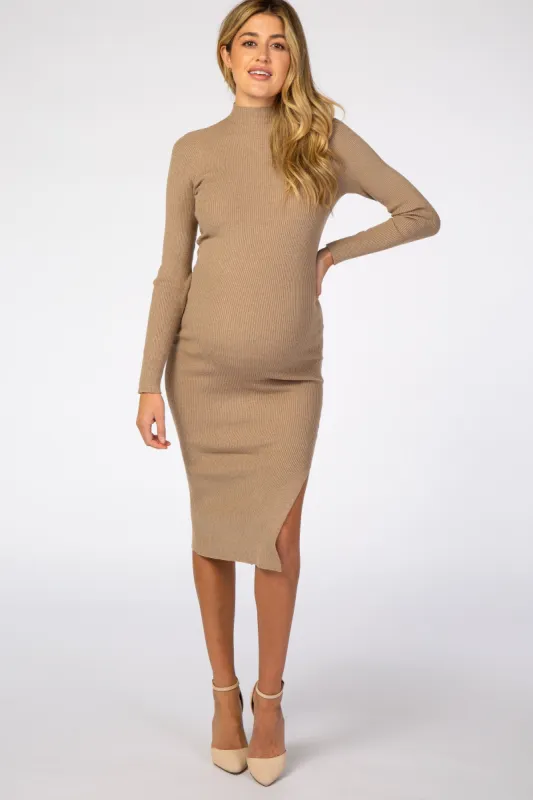 Taupe Ribbed Fitted Mock Neck Long Sleeve Maternity Midi Dress sold by Pinkblush