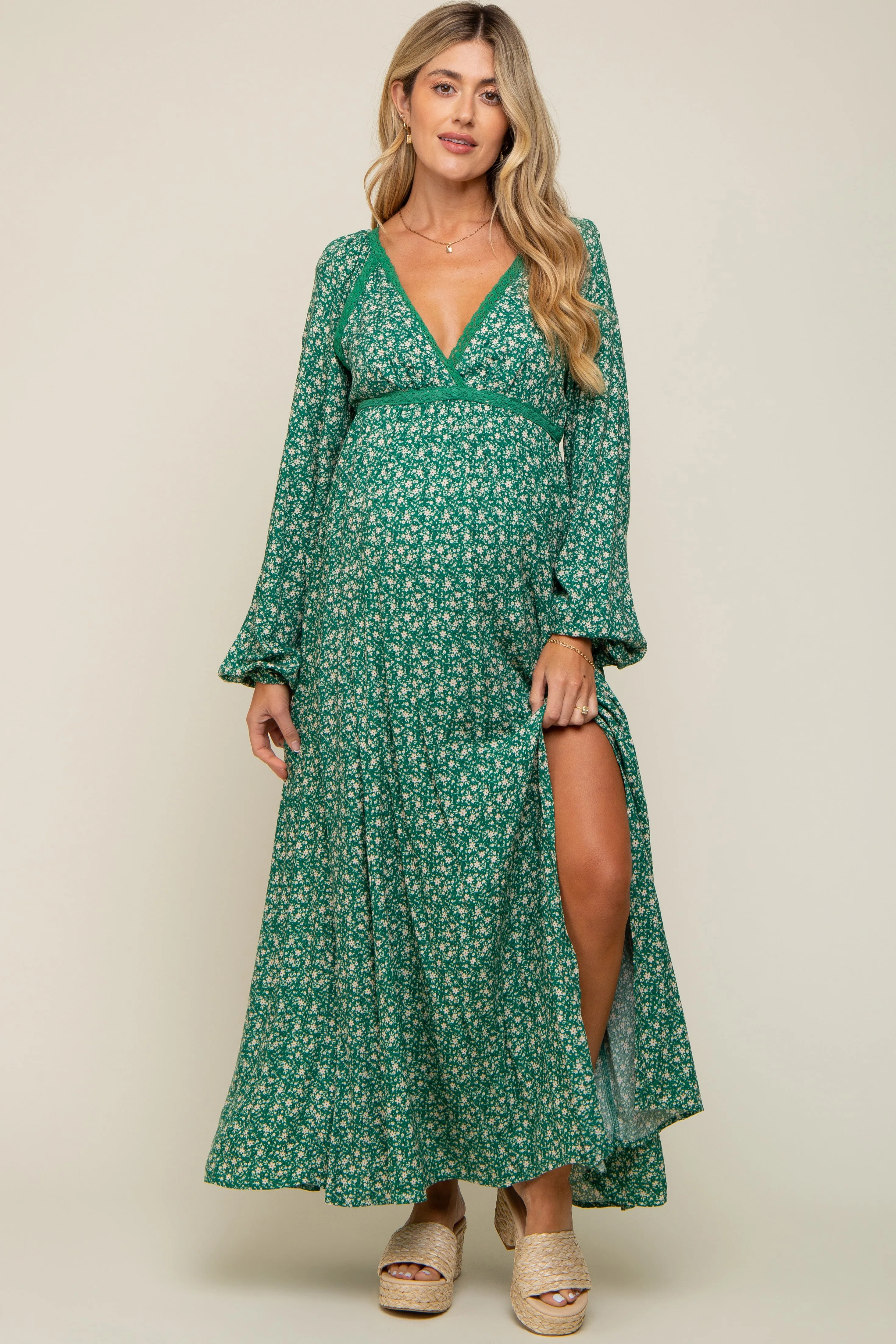 Green Floral Lace Accent Side Slit Maternity Maxi Dress sold by Pinkblush product image thumbnail 5
