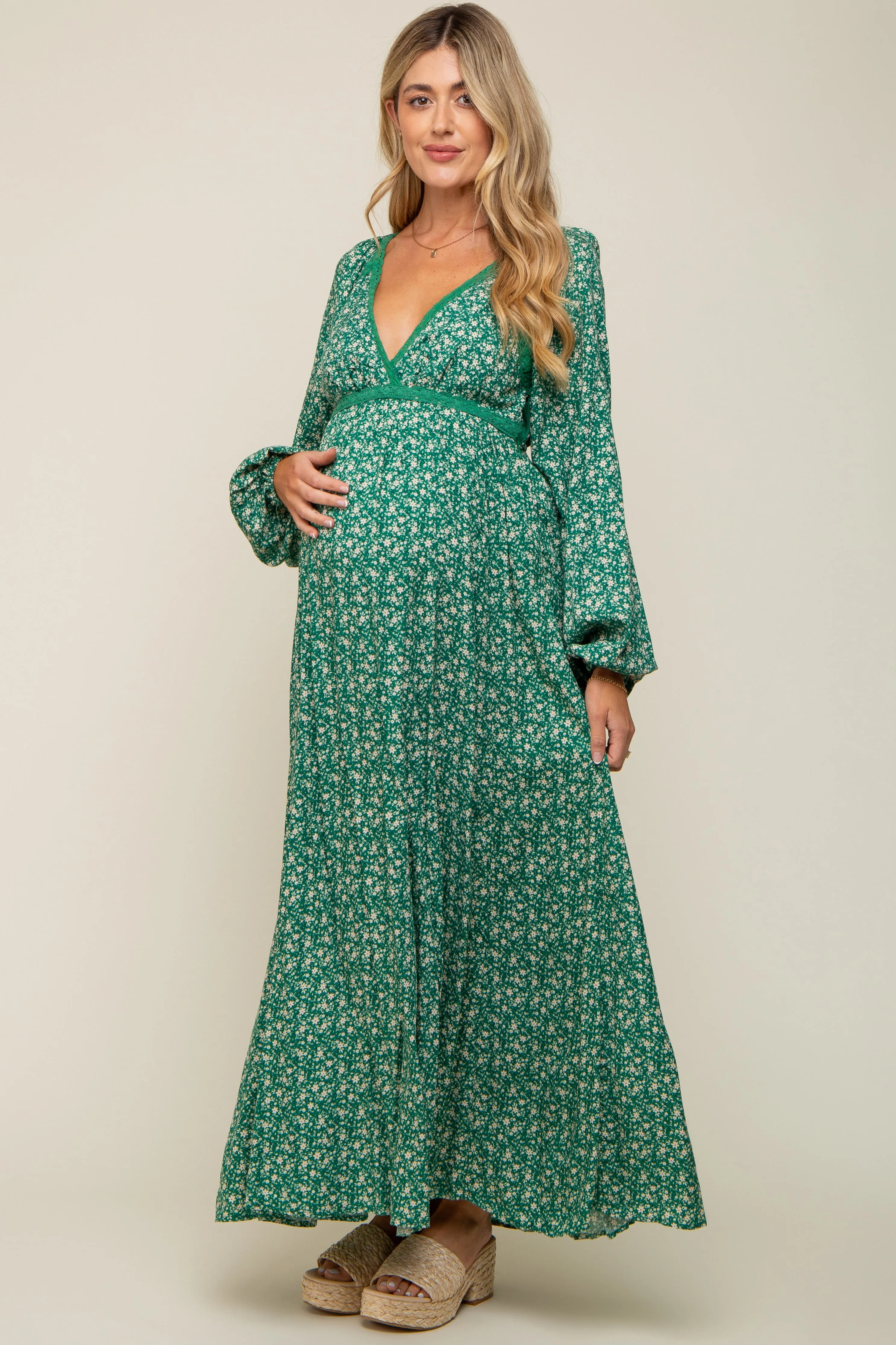 Green Floral Lace Accent Side Slit Maternity Maxi Dress sold by Pinkblush product image thumbnail 2