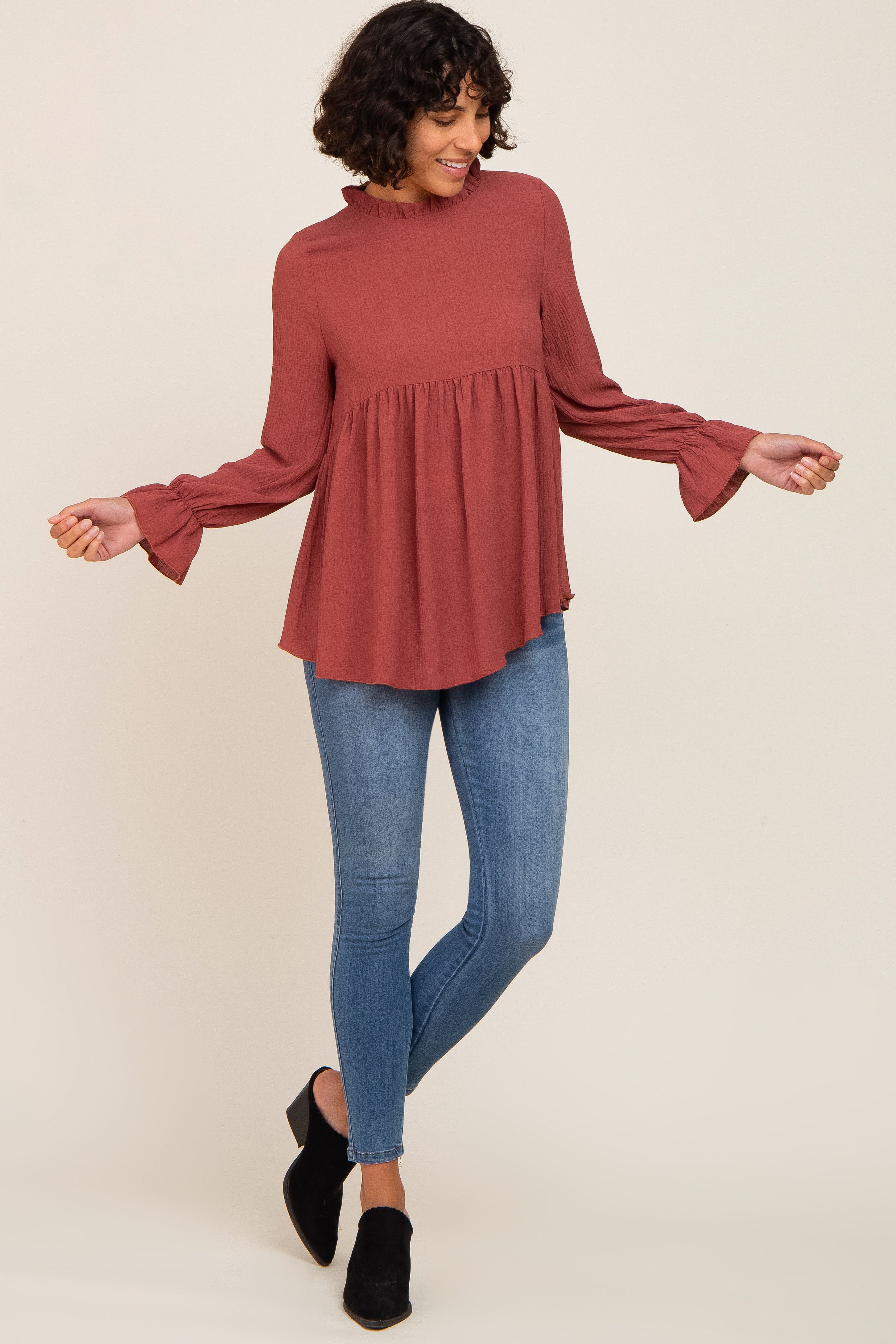Rust Long Sleeve Ruffle Peplum Blouse sold by Pinkblush product image thumbnail 4