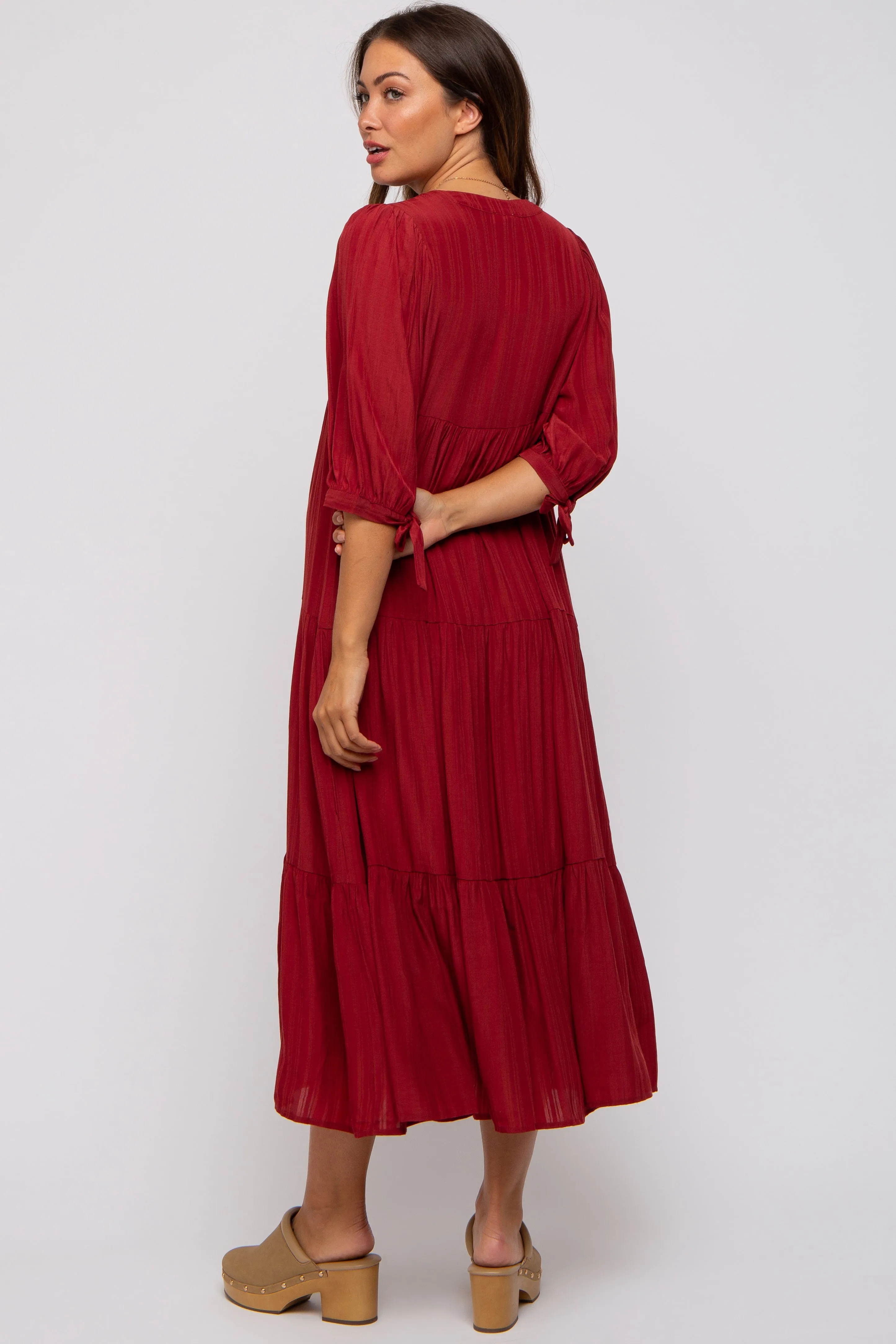 Burgundy Striped Tiered Maternity Midi Dress sold by Pinkblush product image thumbnail 4