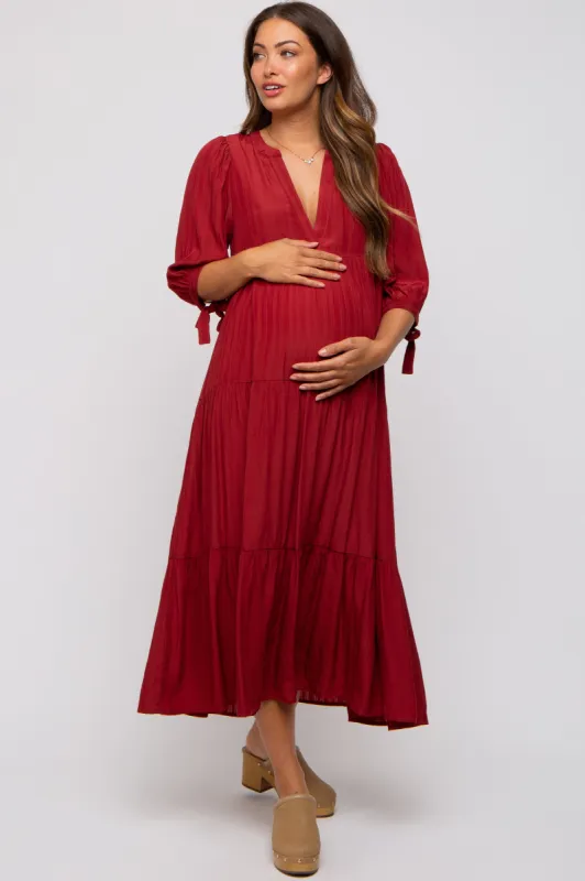Burgundy Striped Tiered Maternity Midi Dress sold by Pinkblush