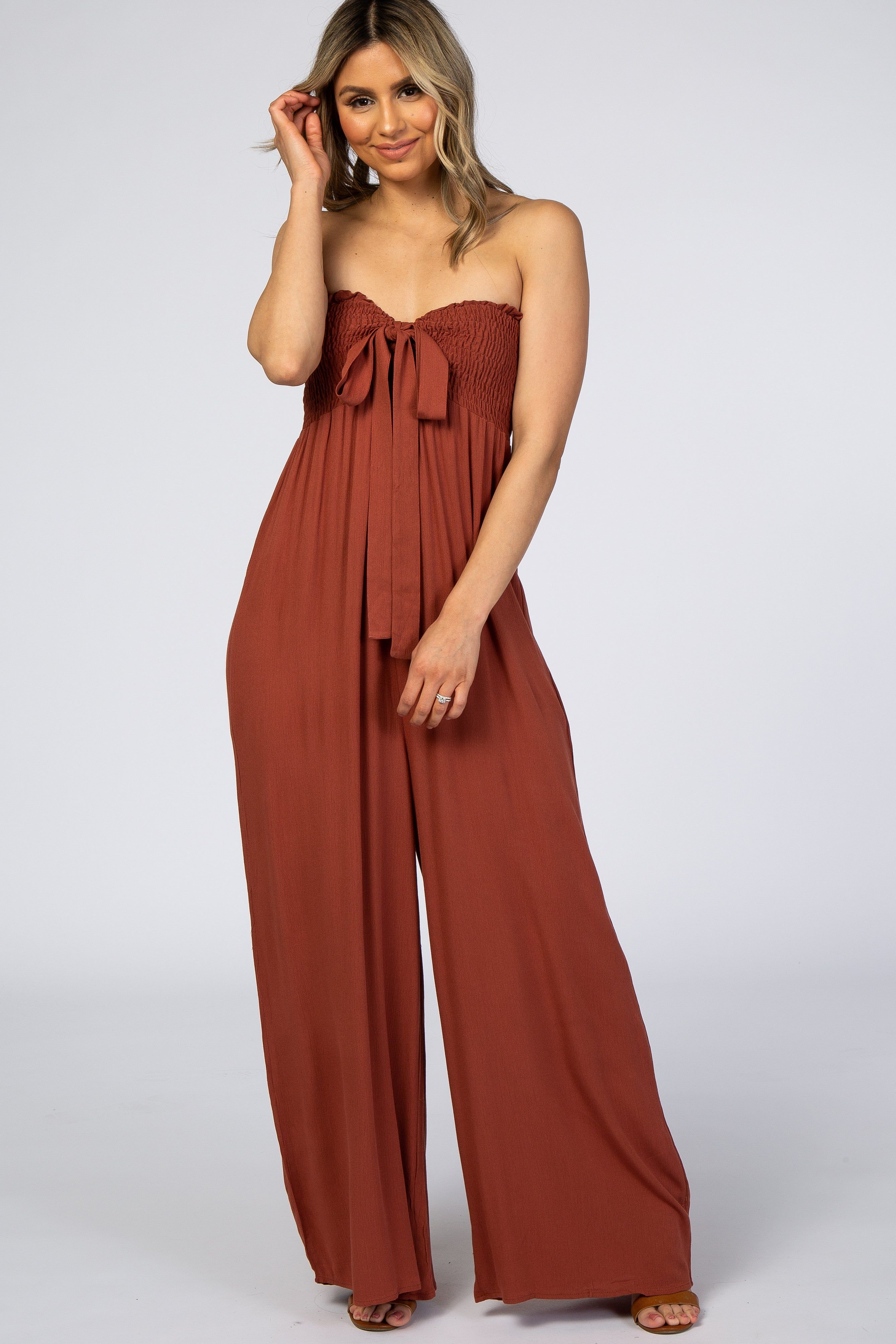 Rust Sleeveless Wide Leg Jumpsuit sold by Pinkblush