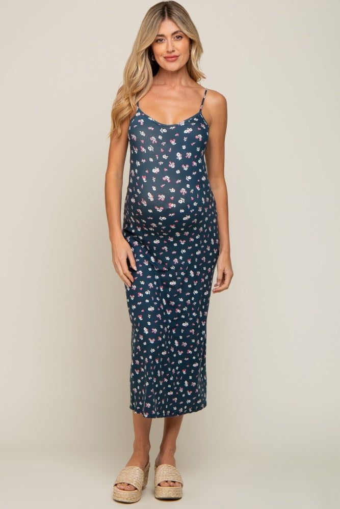 Navy Floral Sleeveless Maternity Midi Dress sold by Pinkblush