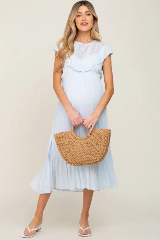 Light Blue Lace Inset Ruffle Maternity Midi Dress sold by Pinkblush